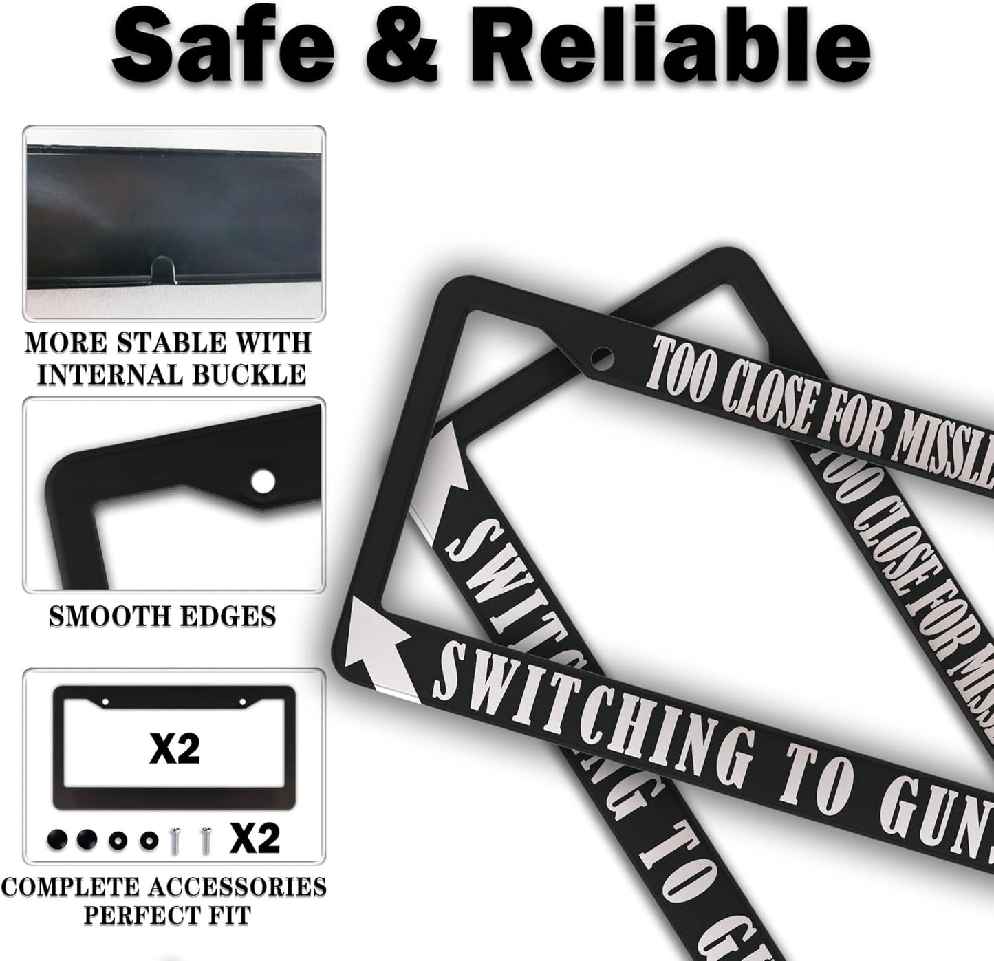 License Plate Frames Black and White License Plate Cover Too Close Missiles Switching to Guns Aluminum Metal Car Accessory 2 Pack with Screw Covers Set