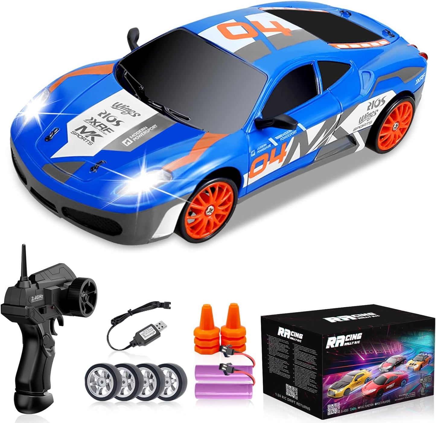 RC Drift Car 2.4GHz 1:24 Scale 4WD Remote Control Car 15KM/H High Speed Drifting RC Cars with Cool Lights, Two Batteries and Extra Tires Toys for Kids Boys Girls Adults, Blue