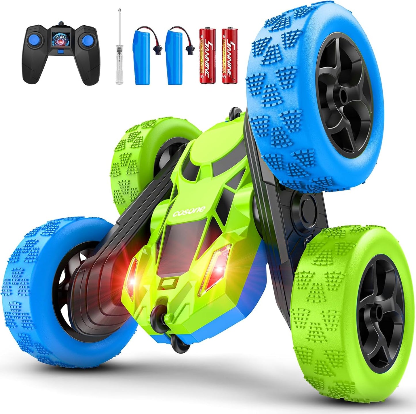 cosone Remote Control Car Toys for Boys - 4WD 2.4Ghz Double Sided 360° Rotating All Terrain RC Cars with Cool Lights, Kids Birthday for Boys-Blue&Green