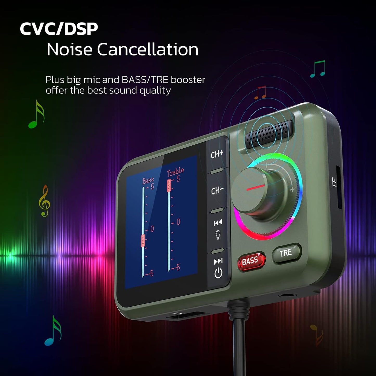 Nulaxy Bluetooth FM Transmitter for Car, Wireless Car Bluetooth Adapter with Big Color Screen, Support QC3.0 Fast Charging, Hands-Free Call, MP3 Music Player BASS&TRE Booster, TF Card AUX-KM28 Green