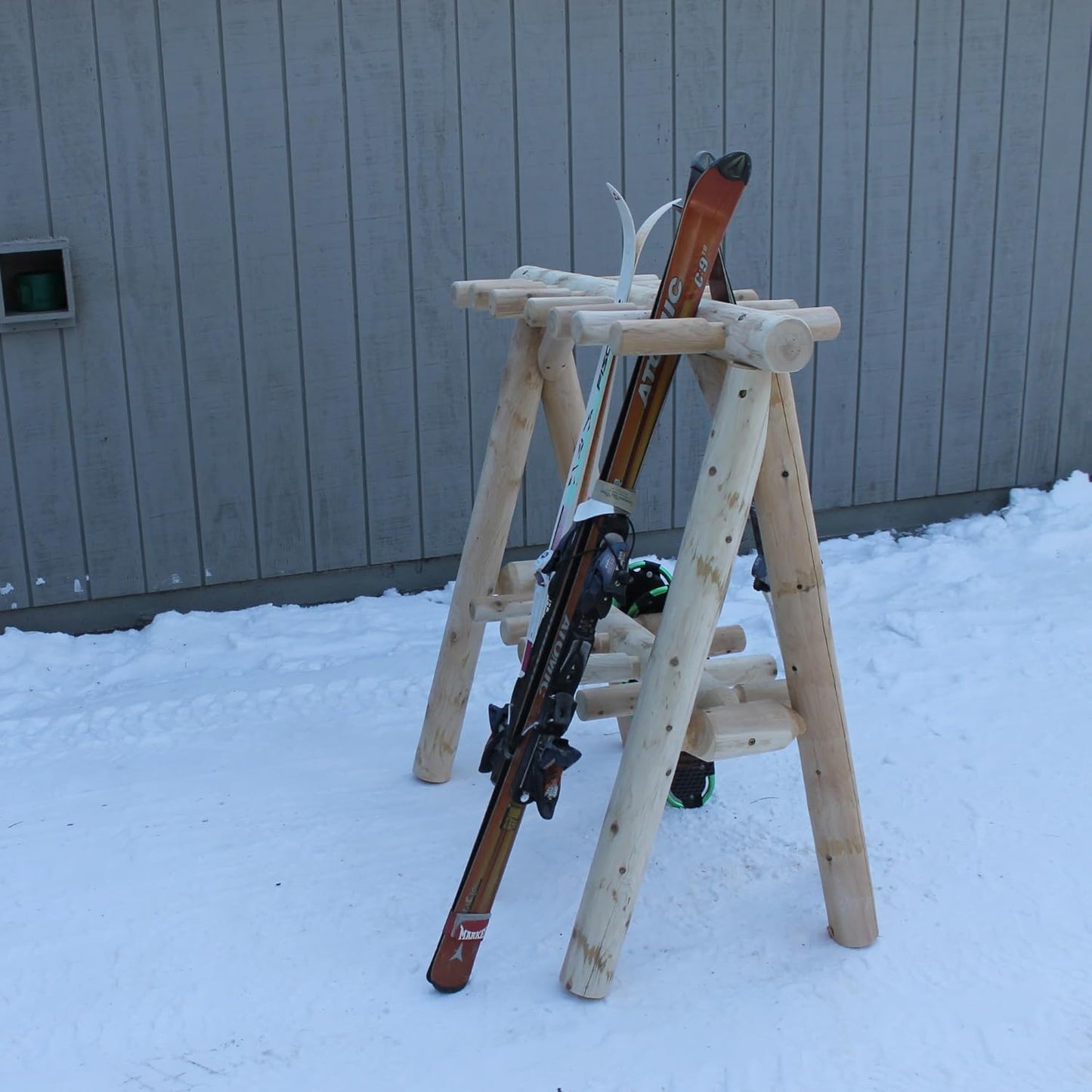 13-Place Freestanding Log Ski Rack Holder, Indoor & Outdoor Snowboard Racks, Standing Storage, Garage Racks for Snow Skis & Poles, Snowboard Rack Garage Storage Organizer-Canyon Brown + 15" Anchor Kit