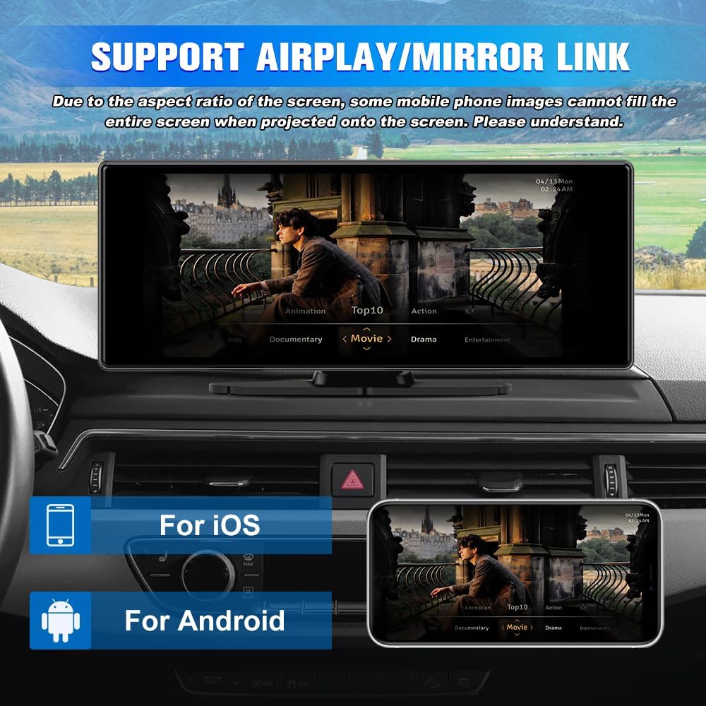 Portable Wireless CarPlay Screen for Car with 4K Dash Cam+1080P Backup Camera, 10.26”IPS Touchscreen Car Stereo, Supports CarPlay/Android Auto/Voice Control/GPS Navigation/Bluetooth/Mirror Link