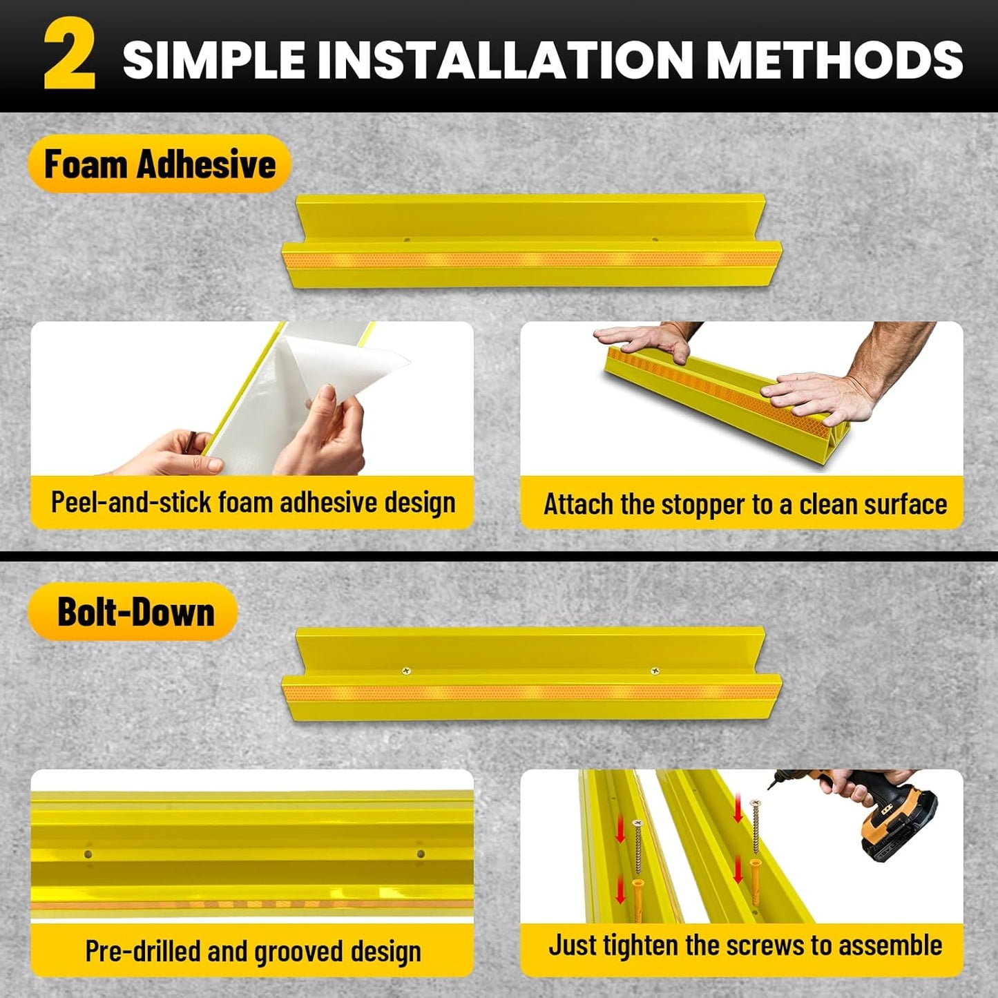 ROBLOCK 18" Parking Stopper for Garage, Car Stopper for Garage Precision Stopping, Heavy Duty Parking Block with Reflective Strips, Suitable for Car, SUV, Easy Install, 2 Packs, Yellow