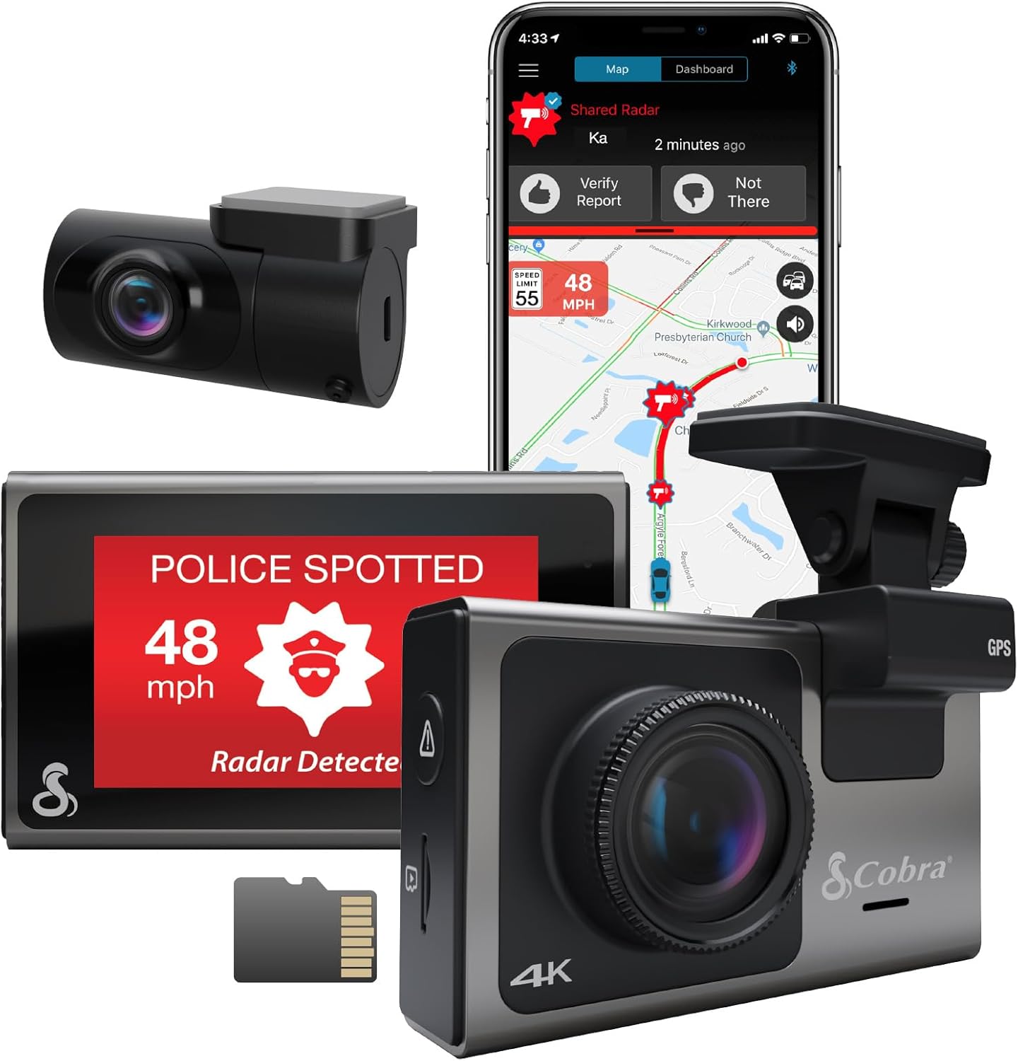 Cobra Smart Dash Cam + Rear Cam (SC 400D) – UHD 4K Resolution, Alexa Built-In, 3-Camera Capable, Live Police Alerts, Emergency Mayday, Drive Smarter App, 3" Touchscreen, Wi-Fi & GPS, 32GB SD Card Incl