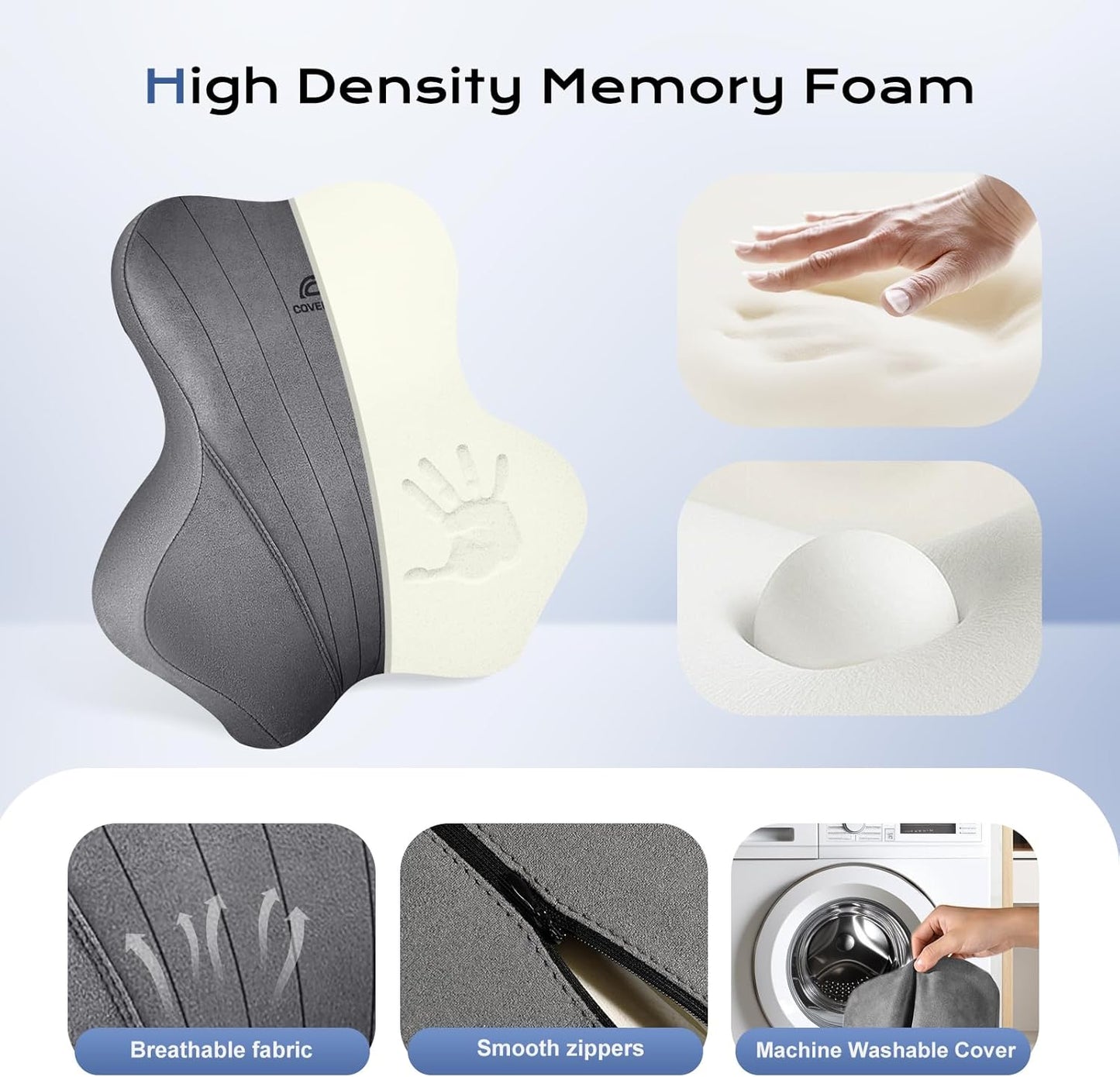 Coverado Car Lumbar Support Pillow and Car Neck Pillow Kit, Ergonomic Design Car Headrest Pillow for Driving, Relax Back Head Muscles Relieve Driving Fatigue, Breathable & Removable Cover, Gray