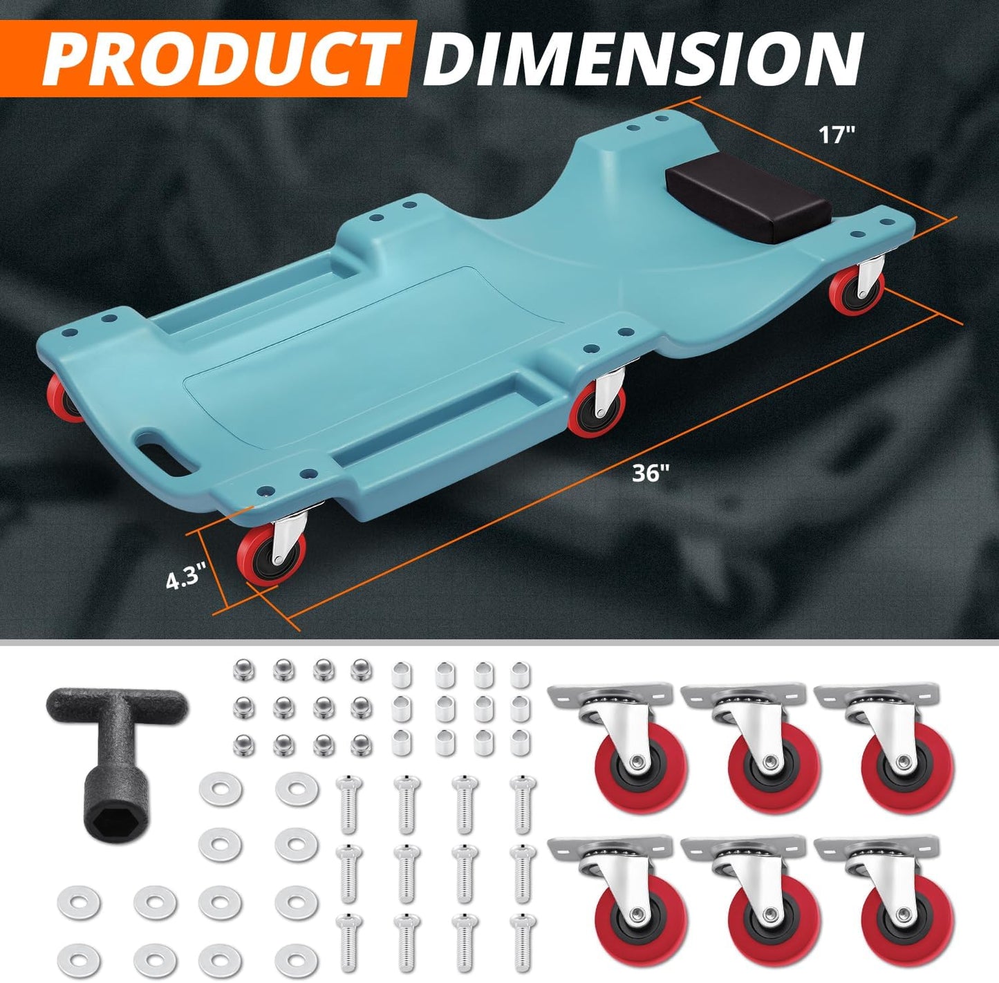 DNA MOTORING 36" L X 17" W x 4.25" H Vehicle Repair Low Profile Automotive Creeper w/Padded Headrest, Tiffany Blue, TOOLS-00201-TB