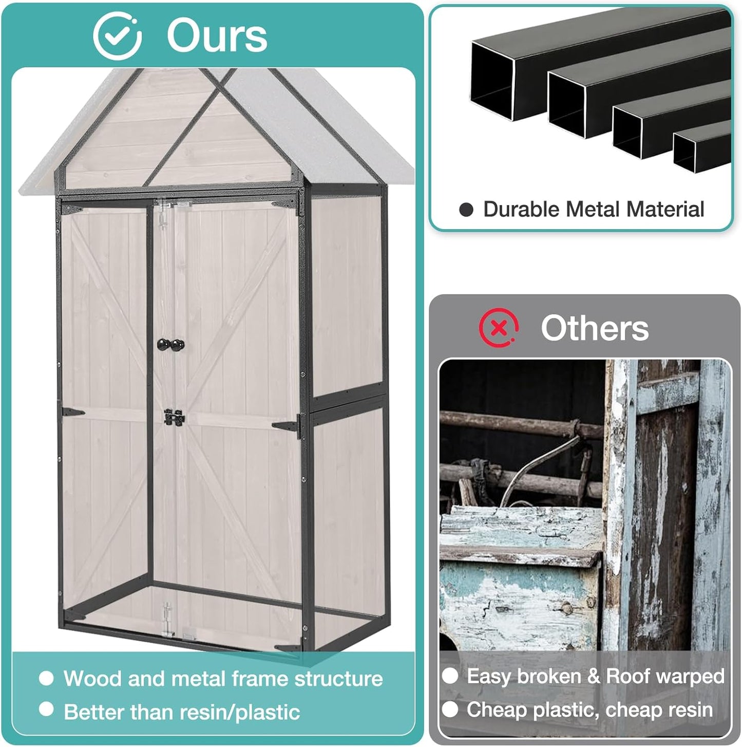 Outdoor Storage Shed with Waterproof Roof - Heavy-Duty Metal & Wood Garden Cabinet, Adjustable Shelves, Large Capacity Waterproof Design for Patio, Garage, Backyard (Dark Brown)