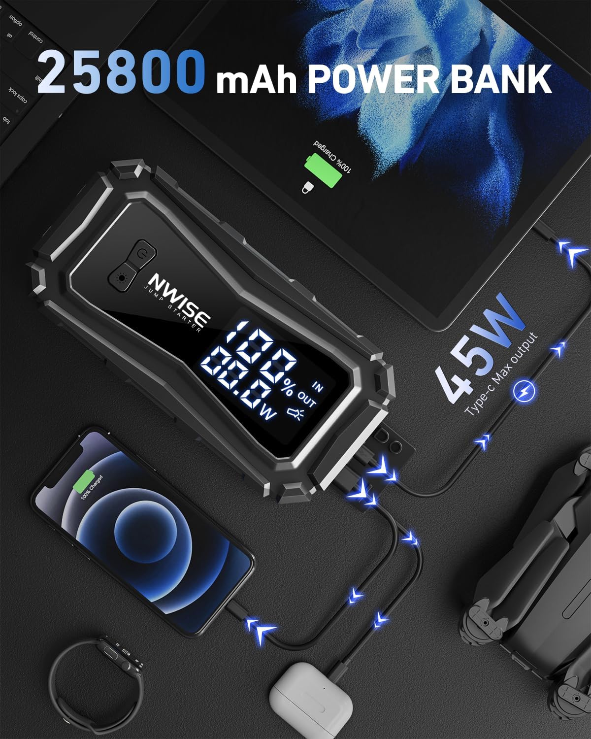 NWISE Car Jump Starter, 6000A Peak 25800mAh Portable Battery Starter (Up to 10L Gas or 8L Diesel Engine) with Smart Safety Jumper Clamps,12V Jump Boxes Large Screen with 45W Fast Charging