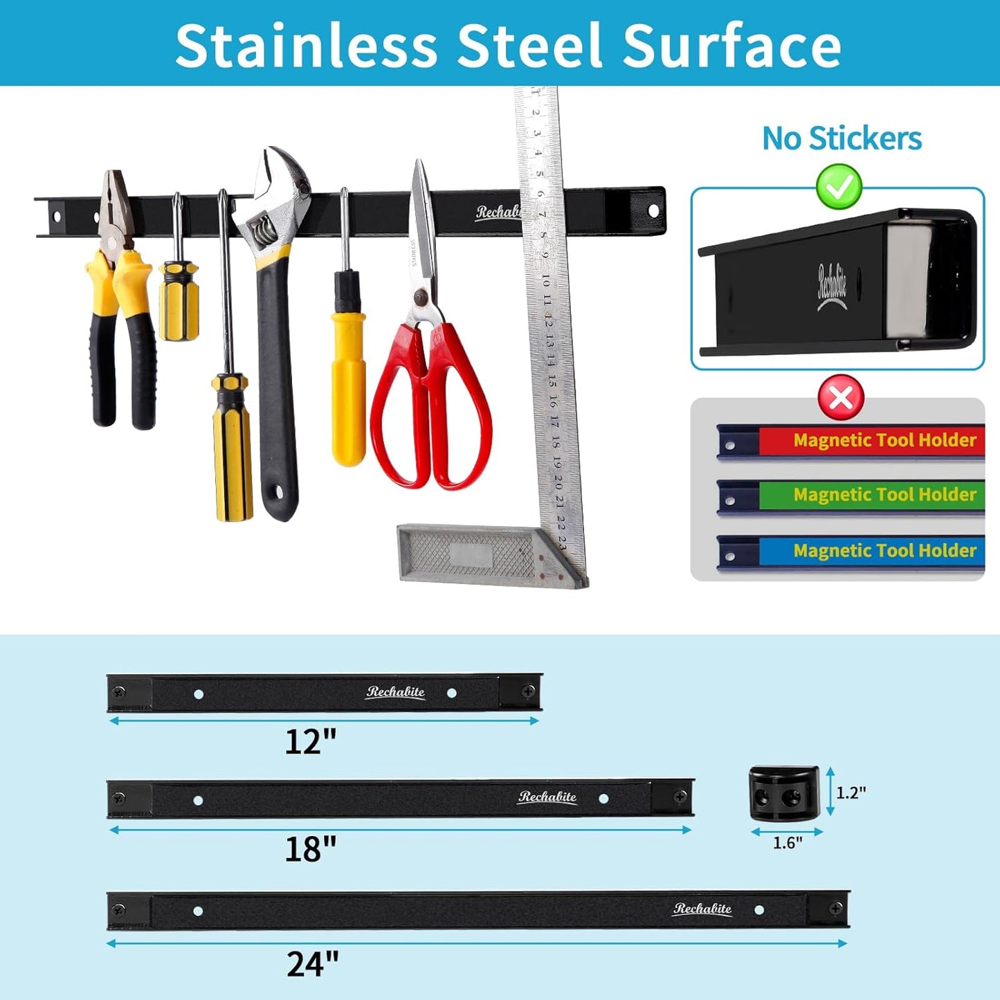 4 Pieces 24" Magnetic Tool Holder Strip, Black Magnet Bar, Metal Tool Organizer Rack for Garage Organization, Easy To Install in Workshop, Mounting Screws Included