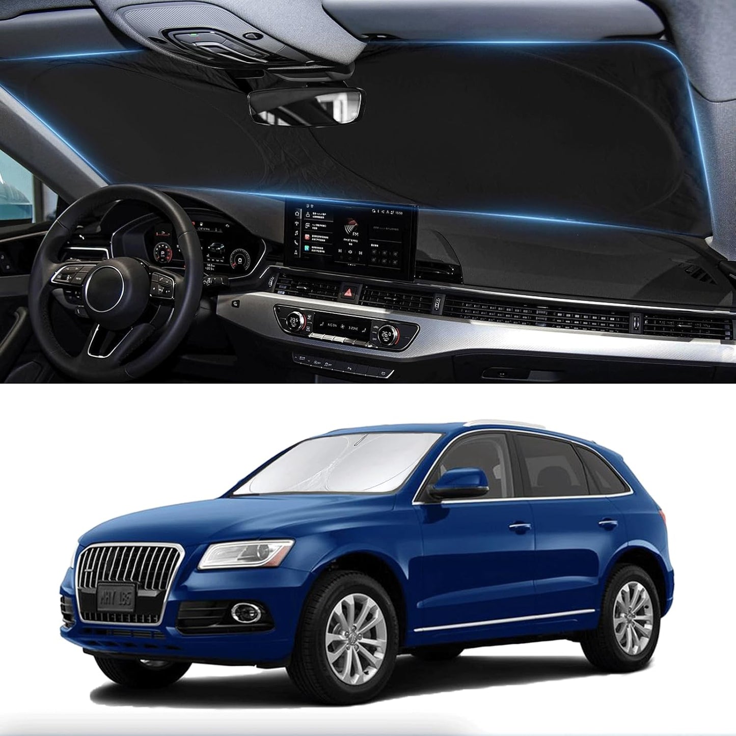 Custom fit Audi Q5 Windshield Sunshade for 2014 2015 2016 2017 Audi Q5/SQ5, Sportback SUV Shades Cover for Windshield Sun Visor Screen Protector 210T Reflective Blocks UV Rays Cool Car Accessories