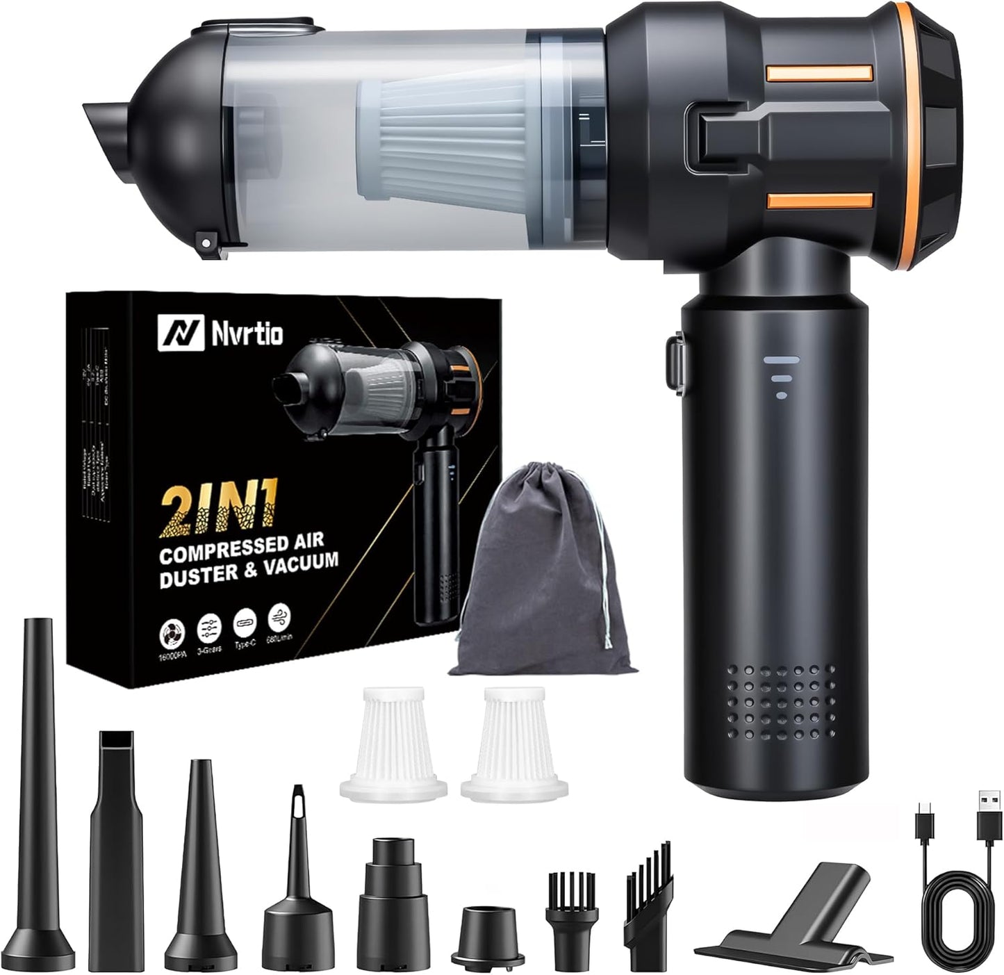 Portable Cordless Mini Car Vacuum Cleaner 16KPa - 80000RPM Brushless Motor Handheld 4-in-1 Compressed Air Duster & Air Blower & Pump Hand Held Vacuum for Car, Home, Office, Camping, Pet