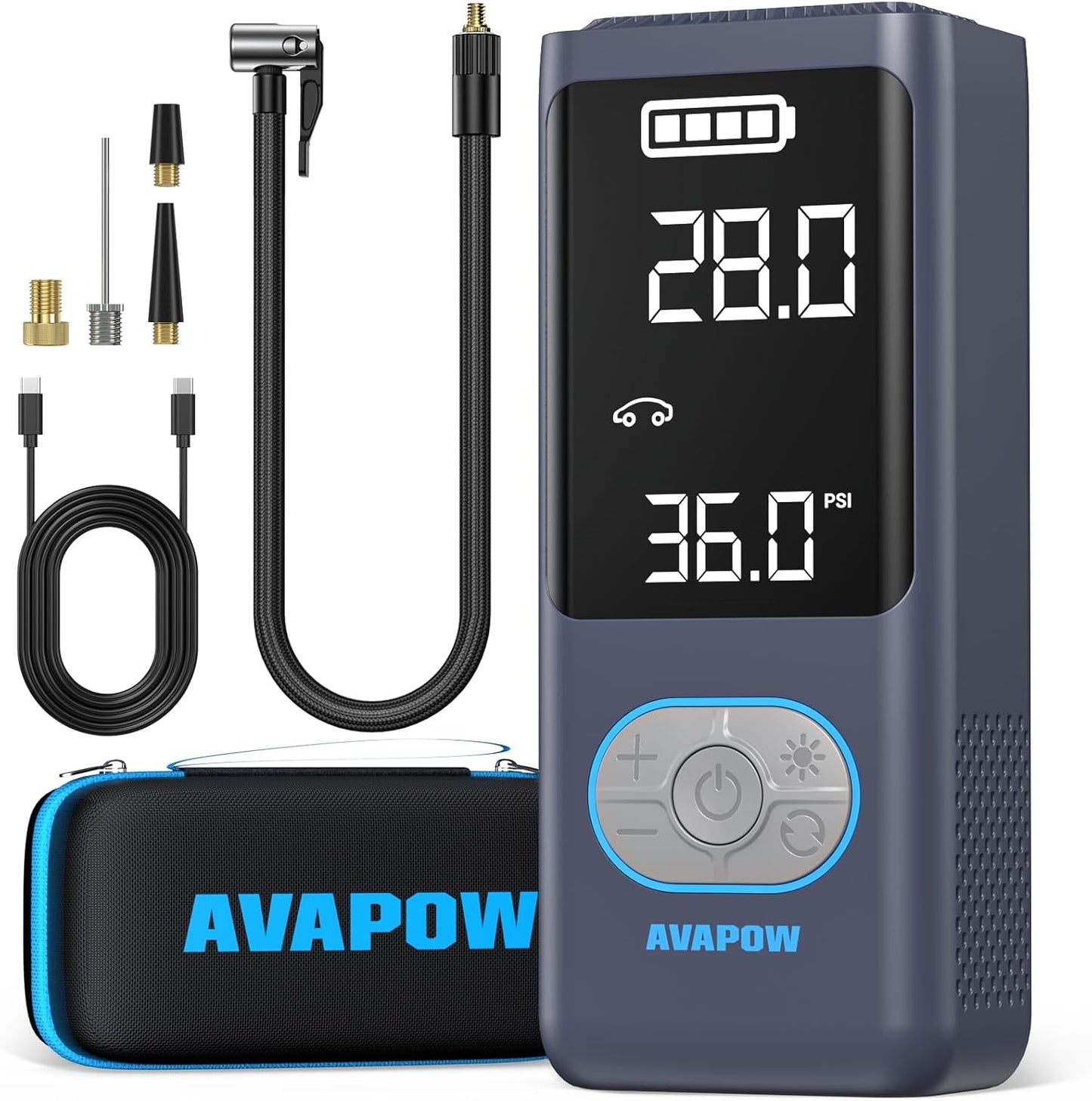 AVAPOW AP18 Tire Inflator Portable Air Compressor, 300% Faster 150 PSI Cordless Air Pump with Tire Pressure Gauge, 3.7″ Dual LCD Screen, Auto-Shuts Off Tire Pump for Car, Motorcycle, Bicycle, Purple