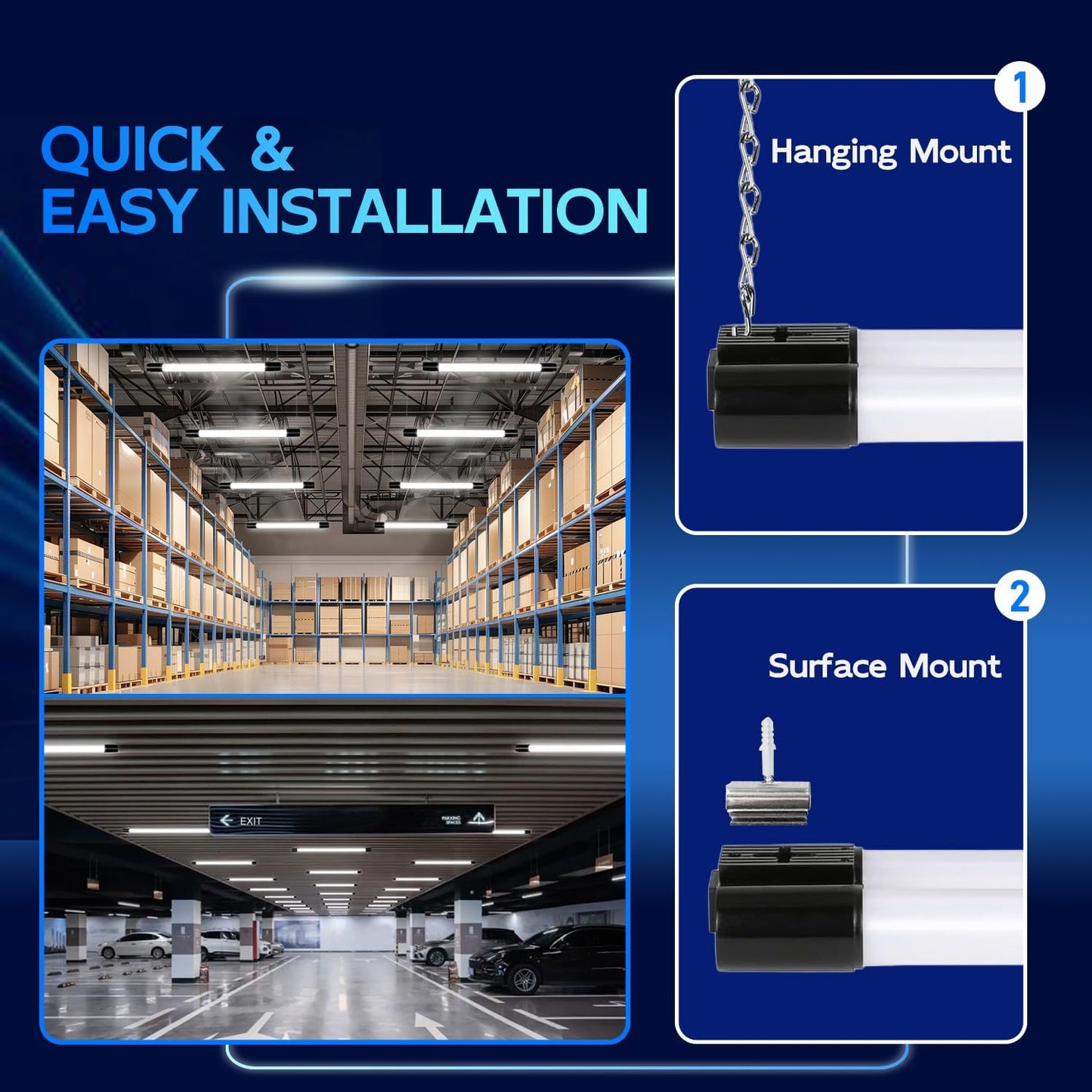 hykolity 6 Pack 4FT Linkable LED Shop Light for Garage, 6500lm, 4FT 60W Utility Light Fixture, 5000K Daylight LED Workbench Light with Plug, Hanging or Surface Mount, Black - ETL