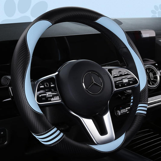 Car Steering Wheel Covers for Women Girl Padded Carbon Fiber PU Leather Cute Cartoon Auto Interior Accessories for Jeep, Truck, Universal, Anti Slip, Blue, Large Size 15.5-16"(39-41cm)