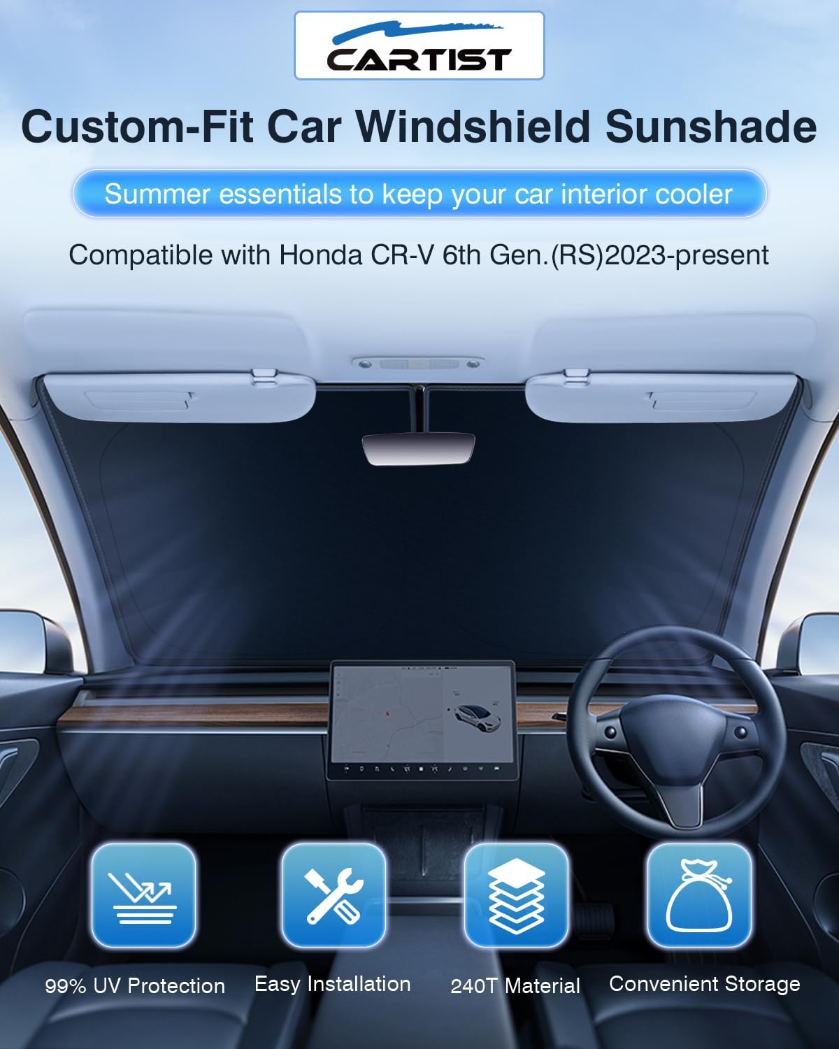 Cartist Windshield Sun Shade Custom Fit for Honda CR-V 2023 2024 2025 Accessories Foldable Car Front Window Sunshade Sun Visor Protector