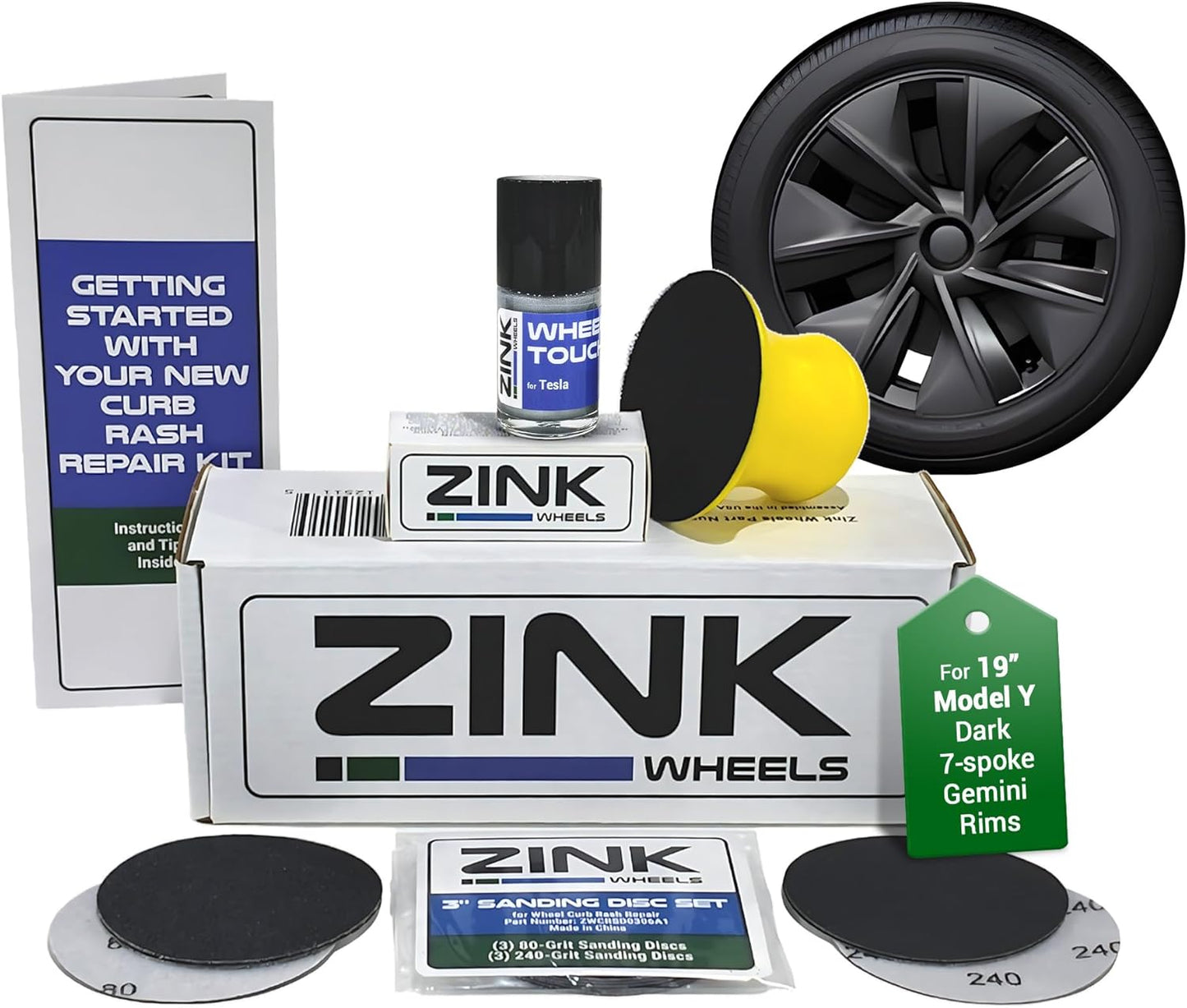 Premium Tesla Wheel Curb Rash Repair Kit for Model Y 19-inch Dark Gemini Rims - DIY Kit with Color-matched Touch Up Paint - Made in USA