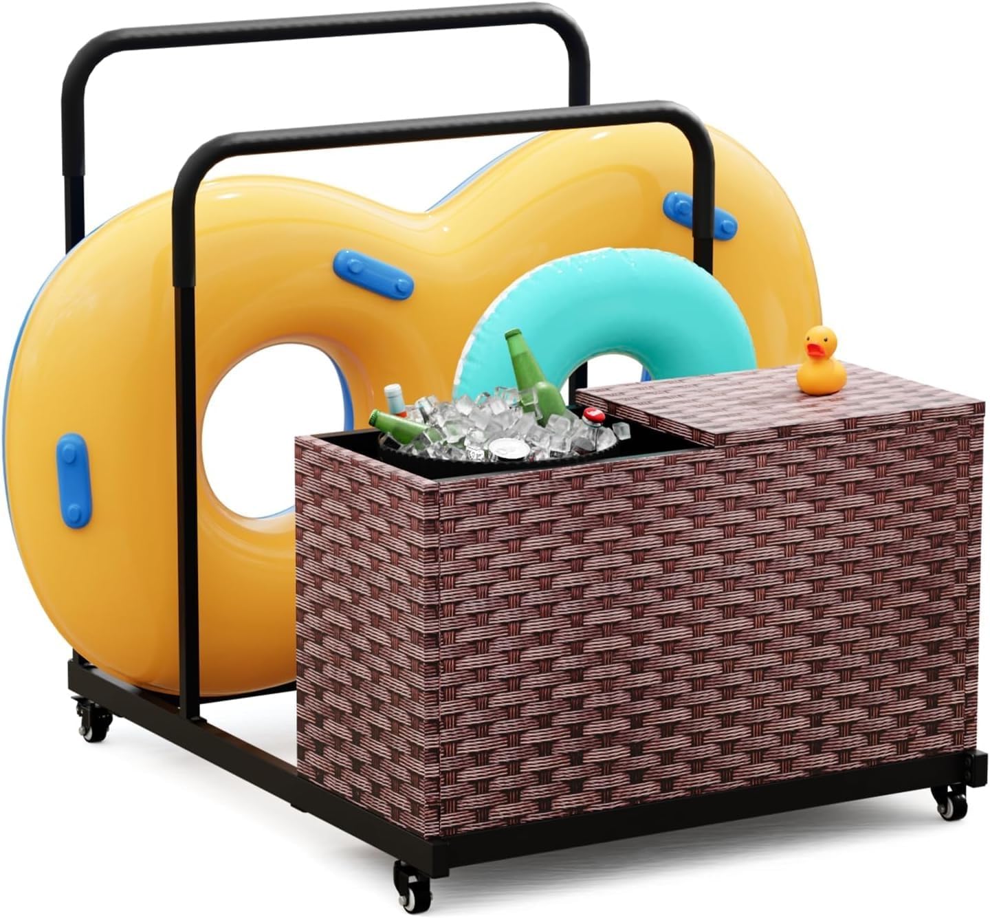 Pool Storage, All-Weather Float Storage Organizer for Cushions, Pool Float Storage Bin with Wheels, Waterproof Metal with Rattan Pattern UV Print Outdoor Pool Towel Rack, Brown