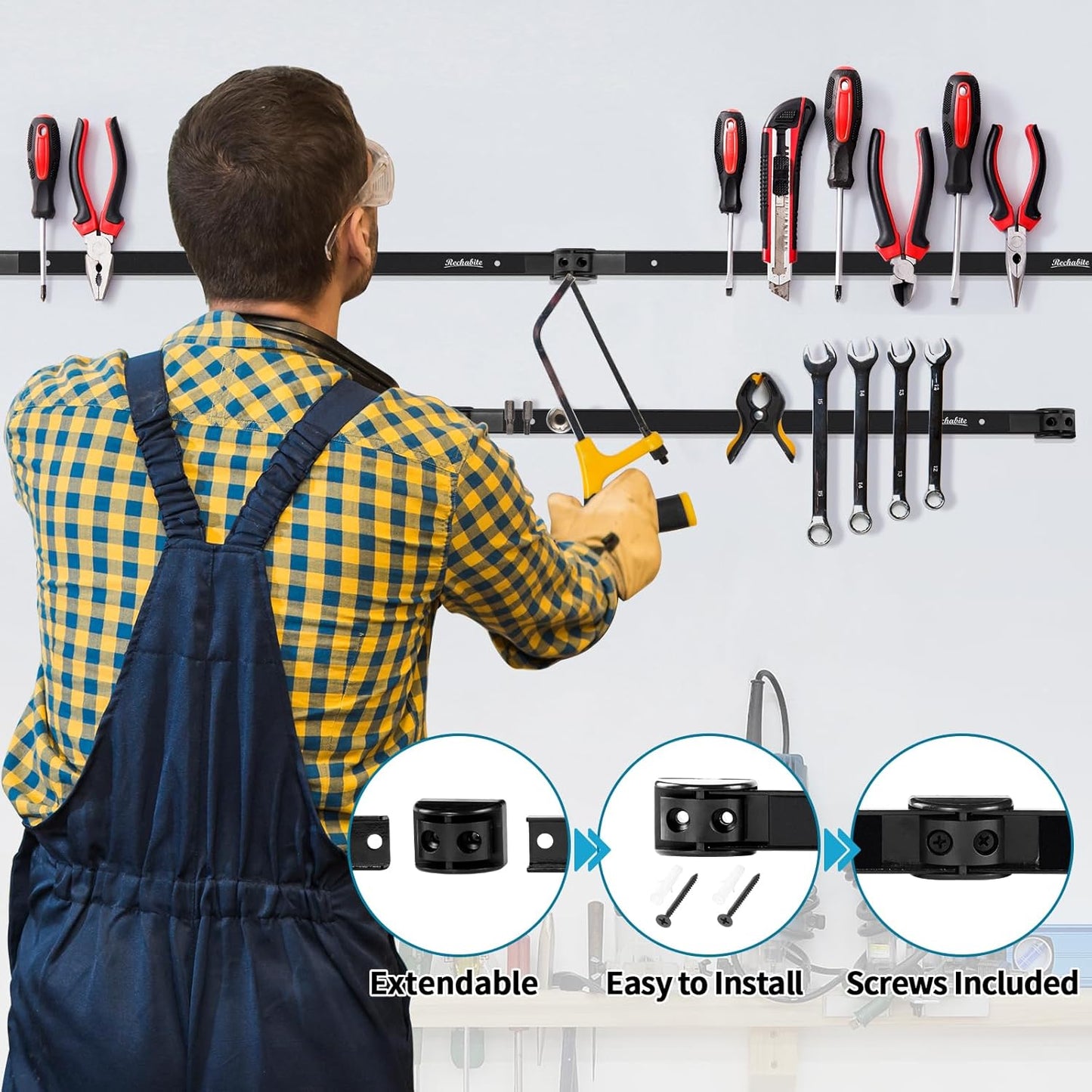 4 Pieces 12" Magnetic Tool Holder Strip, Black Magnet Bar, Metal Tool Organizer Rack for Garage Organization, Easy To Install in Workshop, Mounting Screws Included