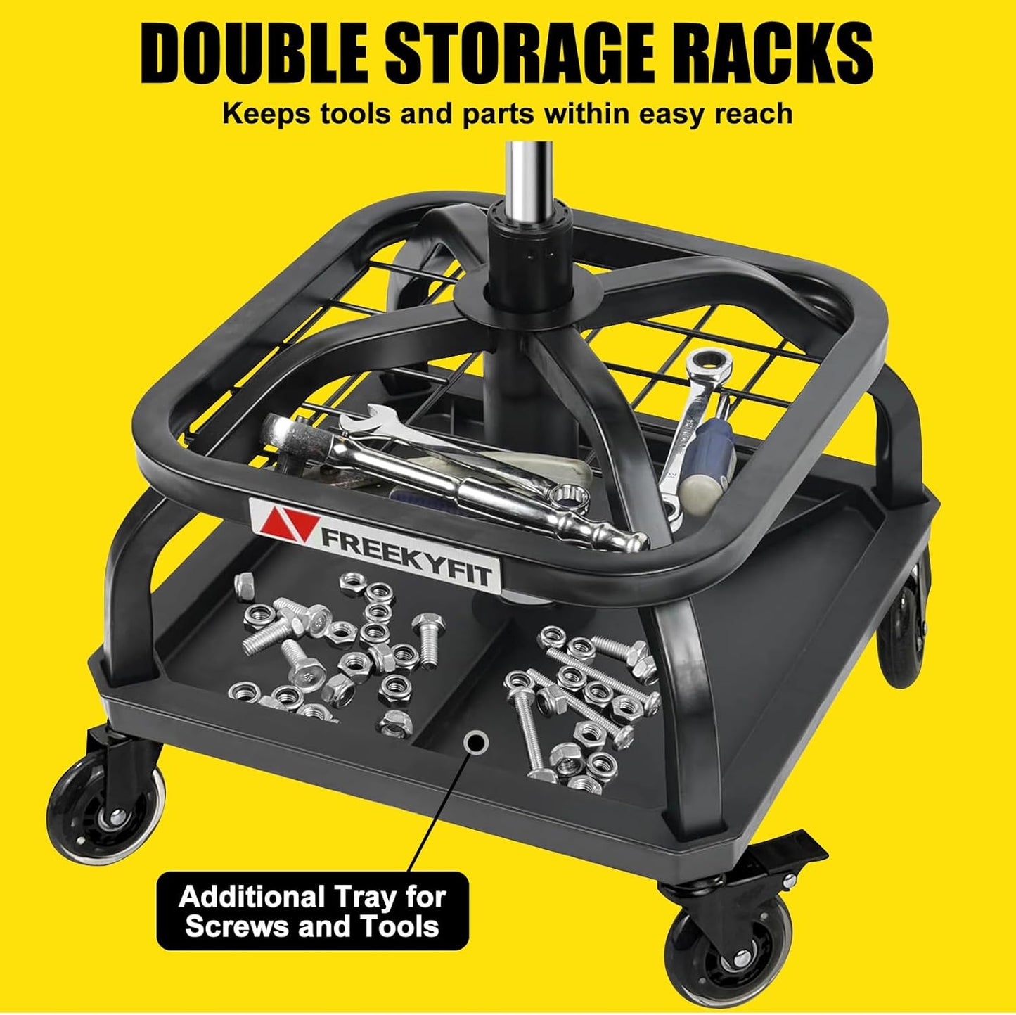 Rolling Shop Stool with Wheels, Garage Work Mechanic Stool with Backrest, Roller Mechanic Chair, Adjustable Height, 360° Swivel, Tool Tray Storage, 330 LBS Capacity, Heavy Duty, Black