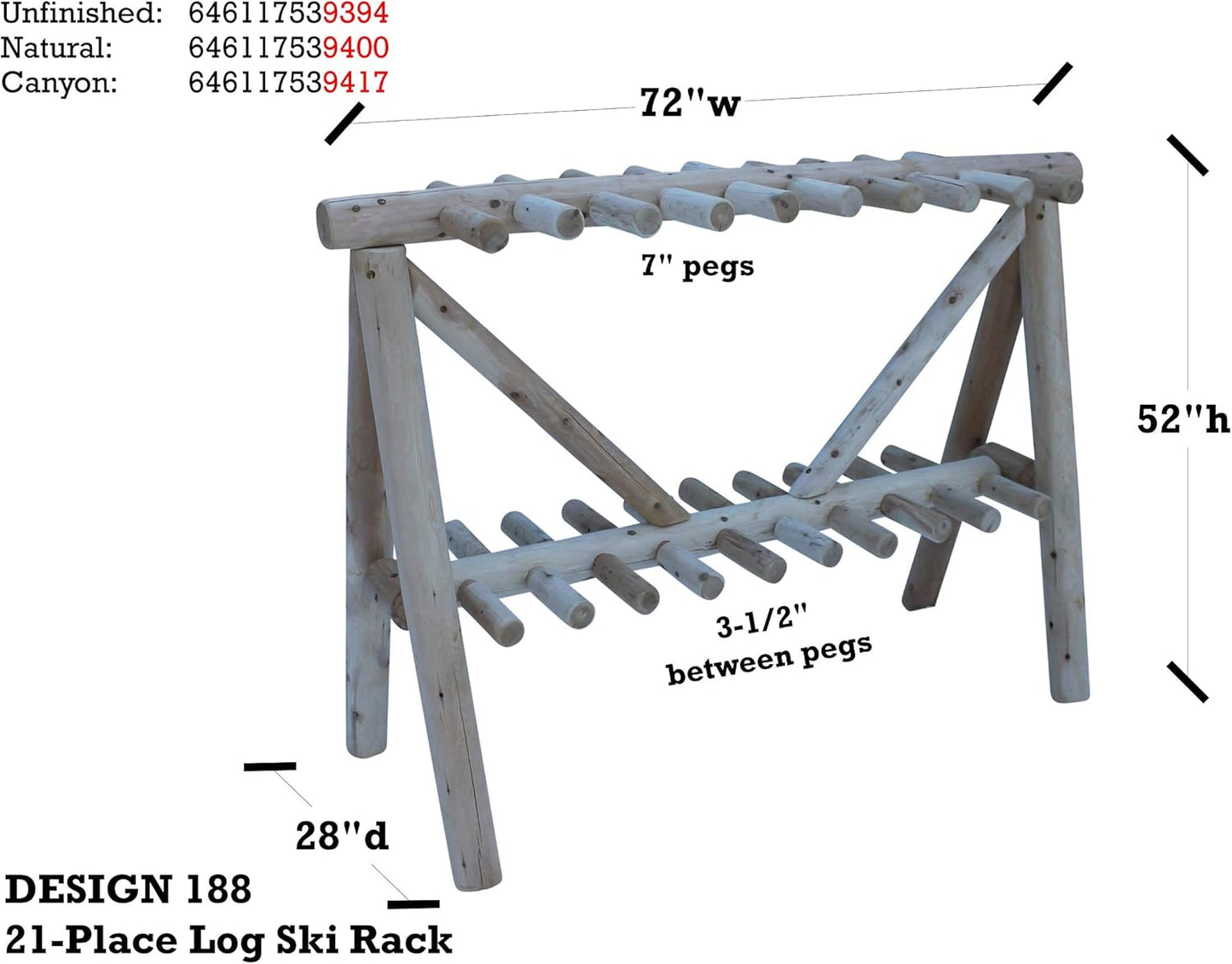 21-Place Freestanding Log Ski Rack Holder, Indoor & Outdoor Snowboard Racks, Standing Storage, Garage Racks for Snow Skis & Poles, Snowboard Rack Garage Storage Organizer - Unfinished + 15" Anchor Kit