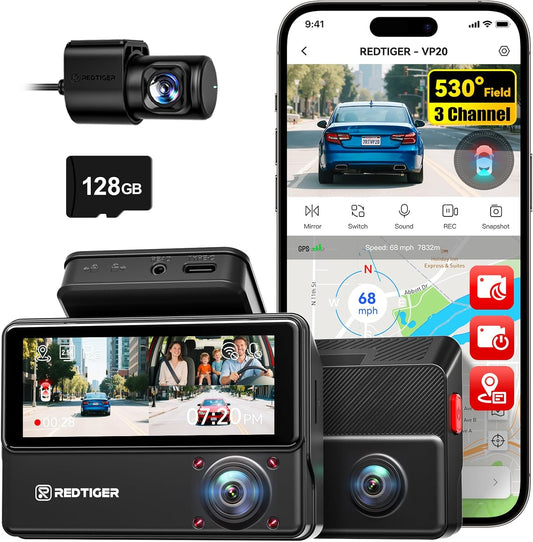 REDTIGER 530° Dash Cam 3 Channel, 2.5K+2.5K+1080P Triple Car Camera with 128GB Card, IR Night Vision, Touch Screen, Dashcam for Front Inside Rear Included WiFi GPS, 24H Parking Mode