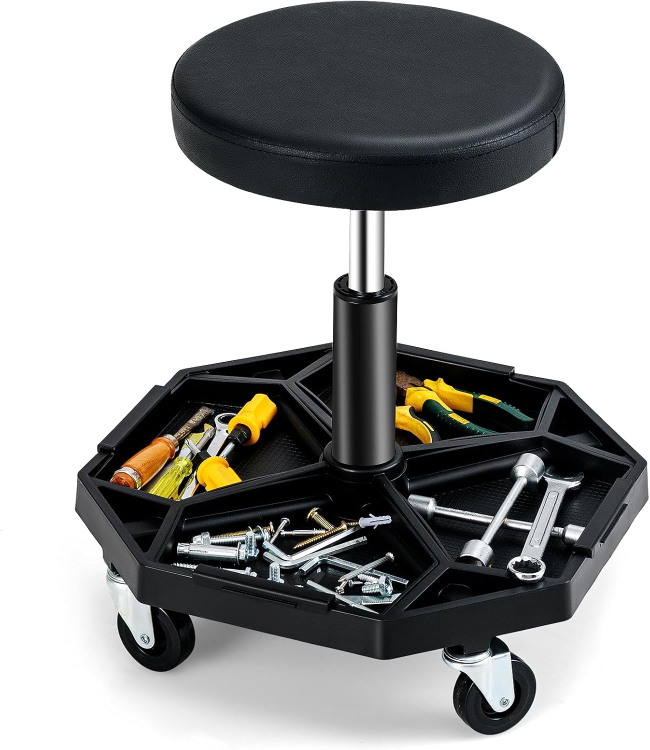Adjustable Mechanic Rolling Stool, Pneumatic Rolling Stool with Wheels, Tool Storage Tray & Padded Seat Cushion, Garage Stool Chairs Creeper Seat (Black)