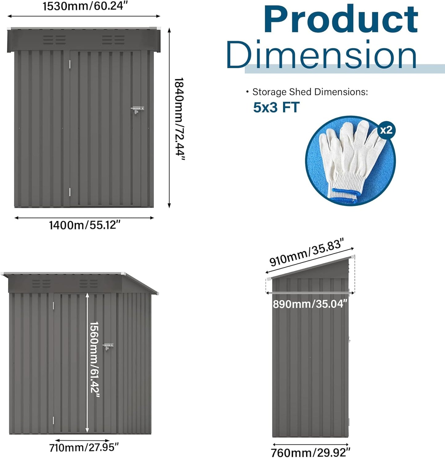 ARMSET 5x3 FT Metal Outdoor Storage Shed for Patio & Balcony - Waterproof Small Shed for Garden Storage, Lockable Vertical Tool Shed Cabinet for Backyard, Bike Parts & Everyday Sundries