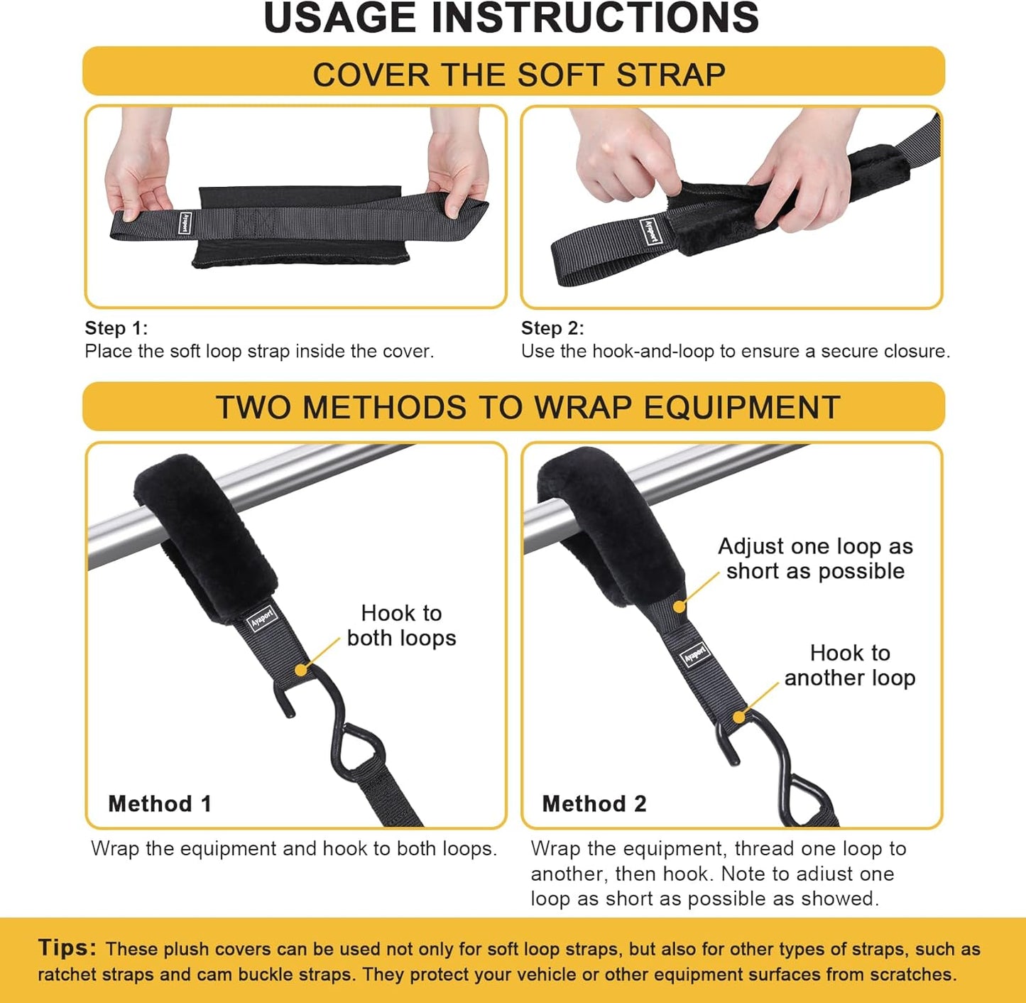 Ayaport Soft Tie Cover Set Include 4 pcs Synthetic Sheepskin Plush Covers and 4 pcs Soft Loop Tie Down Straps for Protecting Motorcycle, Dirt Bike, ATV, UTV etc. 1"x15"