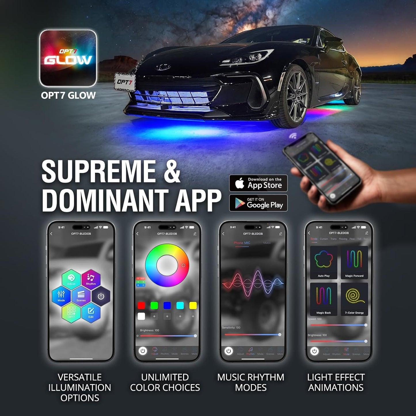 OPT7 Aura DreamColor Underglow Chasing Lights for Car with APP & Remote Control, Waterproof Rigid Aluminum LED Light Bar, Exterior Neon Accent Underbody RGBIC Light Kit, Multi Colors Music Mode, 12V