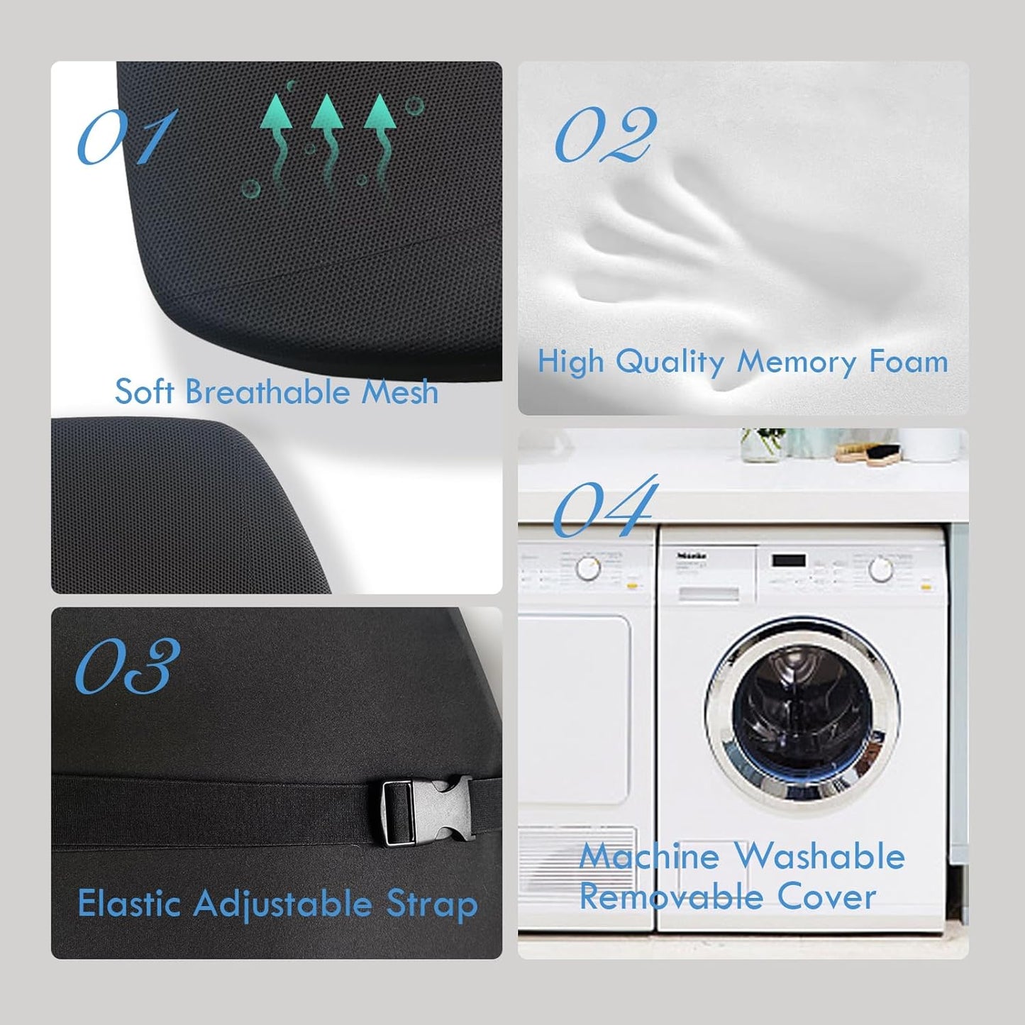 Super Cozy Lumbar Support Pillow for Car/Office Chair, 100% Memory Foam Lumbar Pillow with Breathable Removable Cover, Ergonomic Design - Back Support for Back Pain Relief(Adjustable Strap, Black)