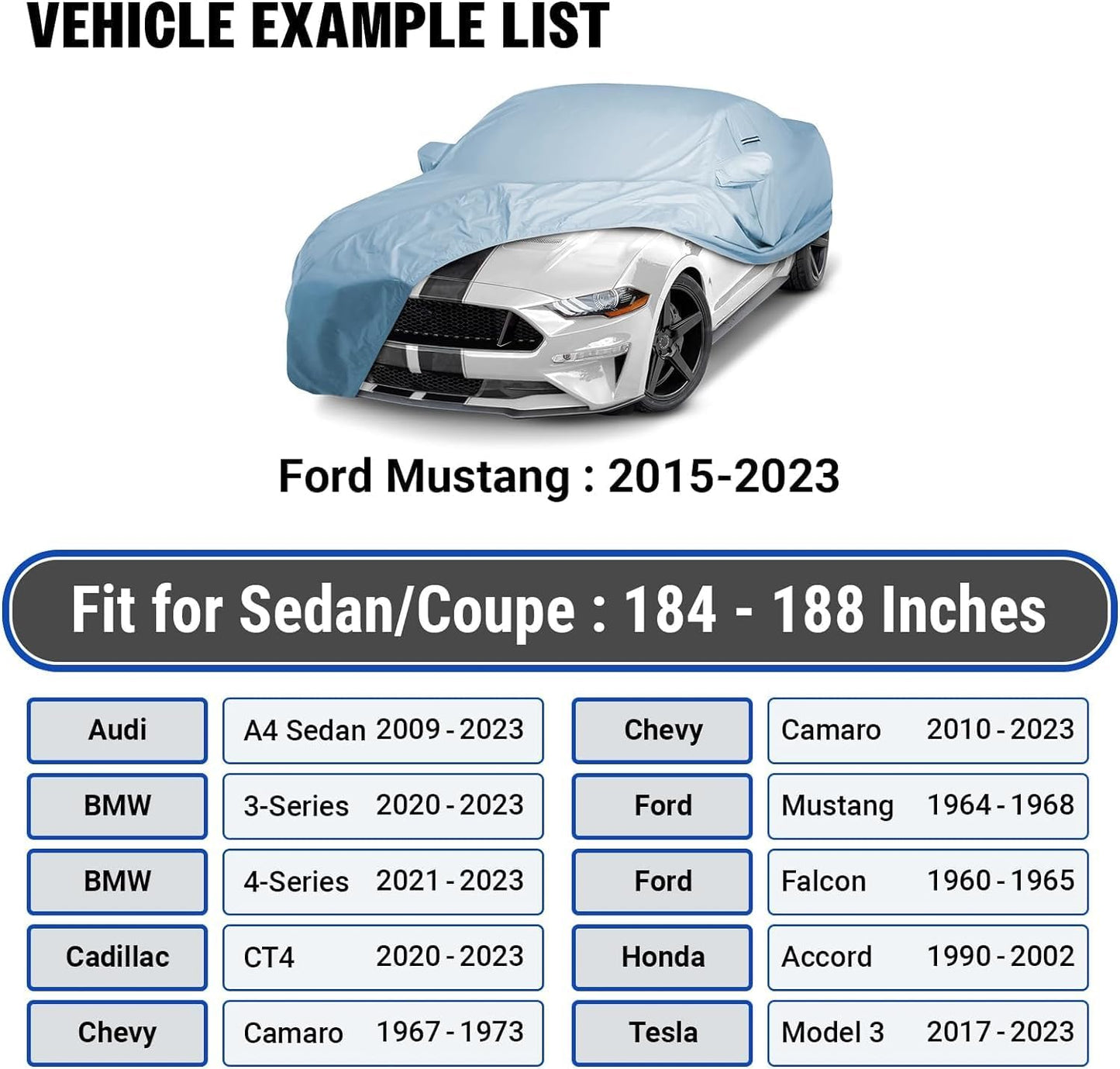 iCarCover 18-Layer Car Cover Waterproof All Weather, Premium Quality Car Covers for Automobiles, UV Protection, Ford Mustang, Camaro, XK, 4-Series, M4, Supra, Thunderbird, Fits 184-188 Inches