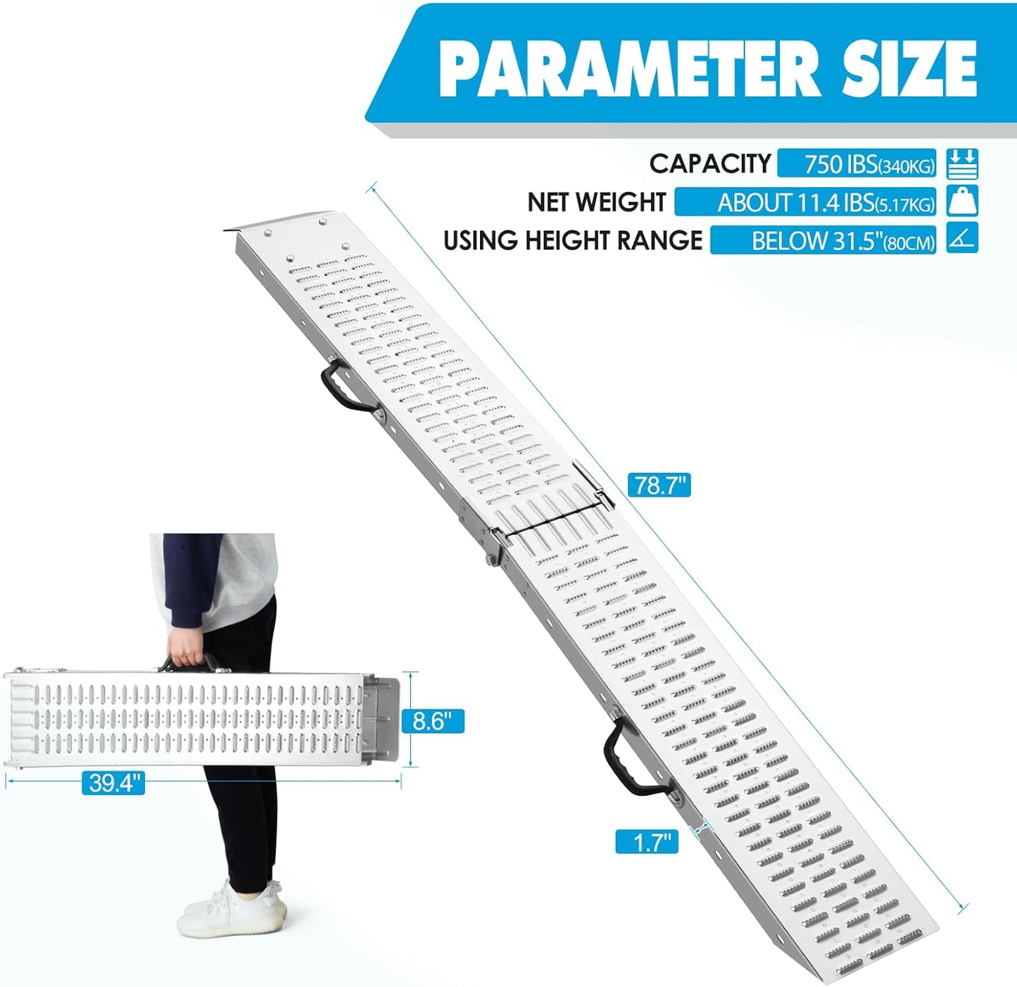 78.7" L × 8.6" W Loading Ramps for Pickup Trucks(2 Pcs),1500LBS Folding Truck Ramps(with Handle),Motorcycle Ramp, ATV Ramps for Lawn Mower,Snow Blower,Dirt Bikes,Car Tailgate,Golf Carts,UTV