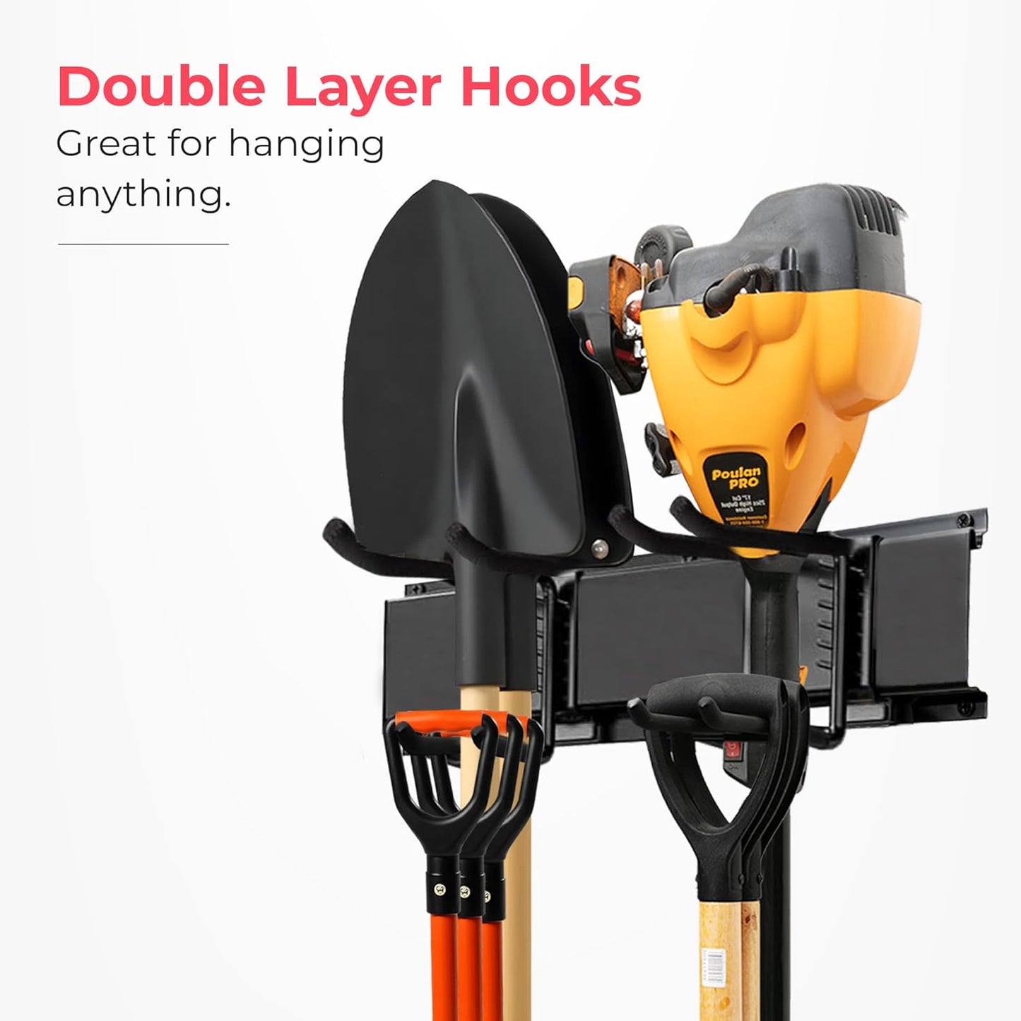 Garage Wall Organizer | 64" Heavy-Duty Tool Storage Rack | Adjustable Double-Layer Hooks | 400 lbs Capacity | Carbon Steel Wall Mount Holder for Shovels, Rakes, Ladders & Power Tools