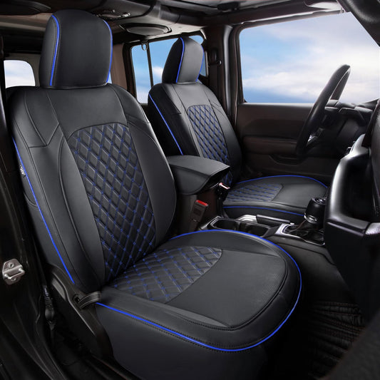 GIANT PANDA Fit Full Set Car Seat Covers for Jeep Wrangler 4 Door JL Sahara Sport Rubicon Unlimited Willys 2018 2019 2020 2021 2022 2023 2024 2025 Without Rear Cup Holder,Faux Leather - (Black+Blue)