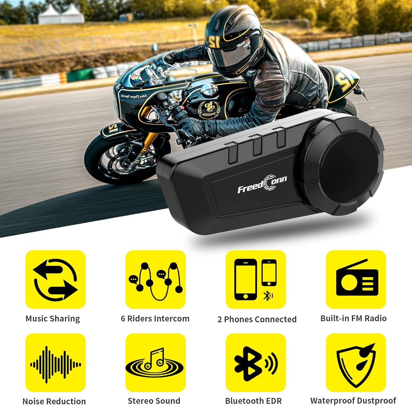 FreedConn KY PRO Motorcycle Helmet Bluetooth Headset, Motorcycle Communication Systems with CVC Noise Cancellation, Stereo Music, 6 Riders 0.75mi/1200m intercom, Dual Device Connection, IP65, 1 Pack