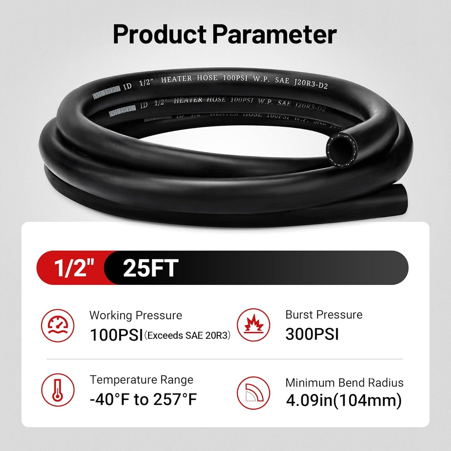 EVIL ENERGY 1/2" Heater Hose Coolant Radiator Straight 100PSI SAE 20R3 25FT Black