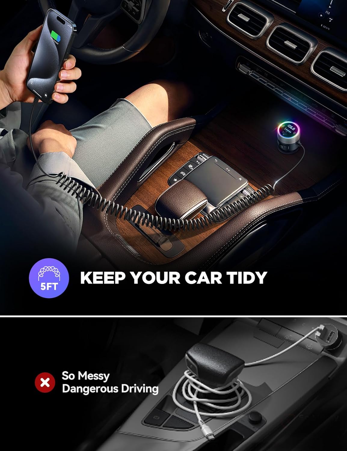 JOYROOM Bluetooth 5.4 FM Transmitter for Car, [60W PD 3.0] Bluetooth Car Adapter Fast Charging with USB C Cable, Cigarette Lighter Radio Music Adapter, Hands-Free Calling, Light Control, USB Drive