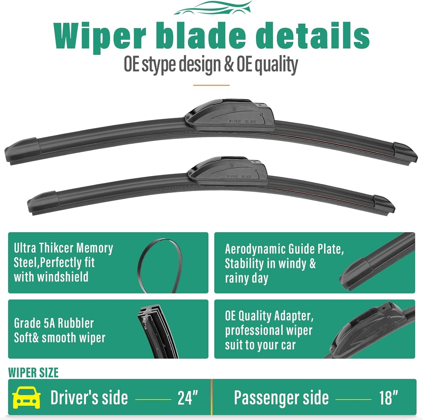 24" 18" 12" Windshield Wiper Blades Replacement for Hyundai Venue 2019 2020 2021 2022 2023 2024 2025 Premium All Weather Front Rear Wipers Set - OEM Quality (Pack of 3)