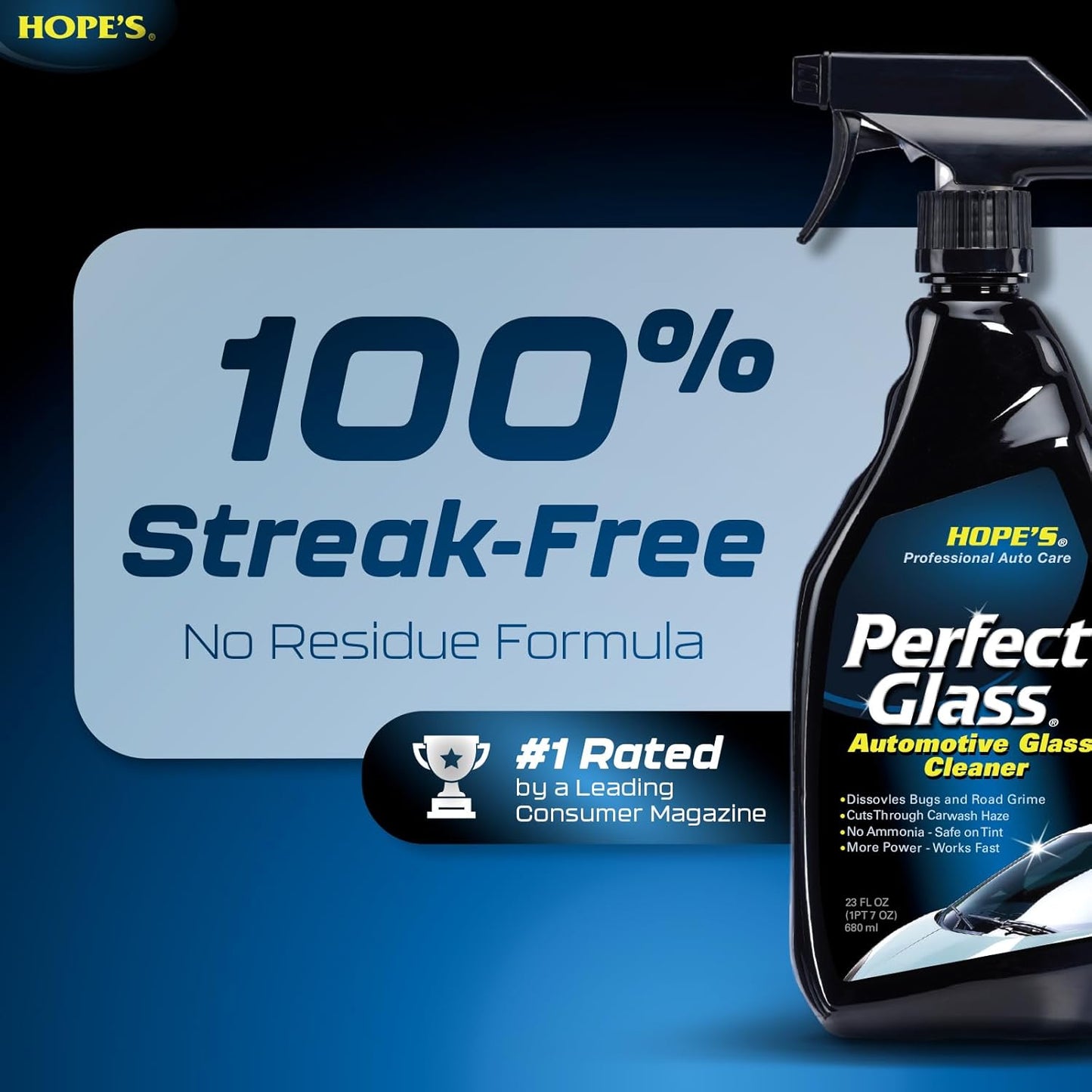 HOPE'S Perfect Glass Automotive Glass Cleaner - Streak-Free, Tint Safe Car Cleaner for Glass, Acrylic, Windows, Mirrors, Windshield - No-Residue - Removes Smudges, Road Grime - 23 Fl Oz, Pack of 1