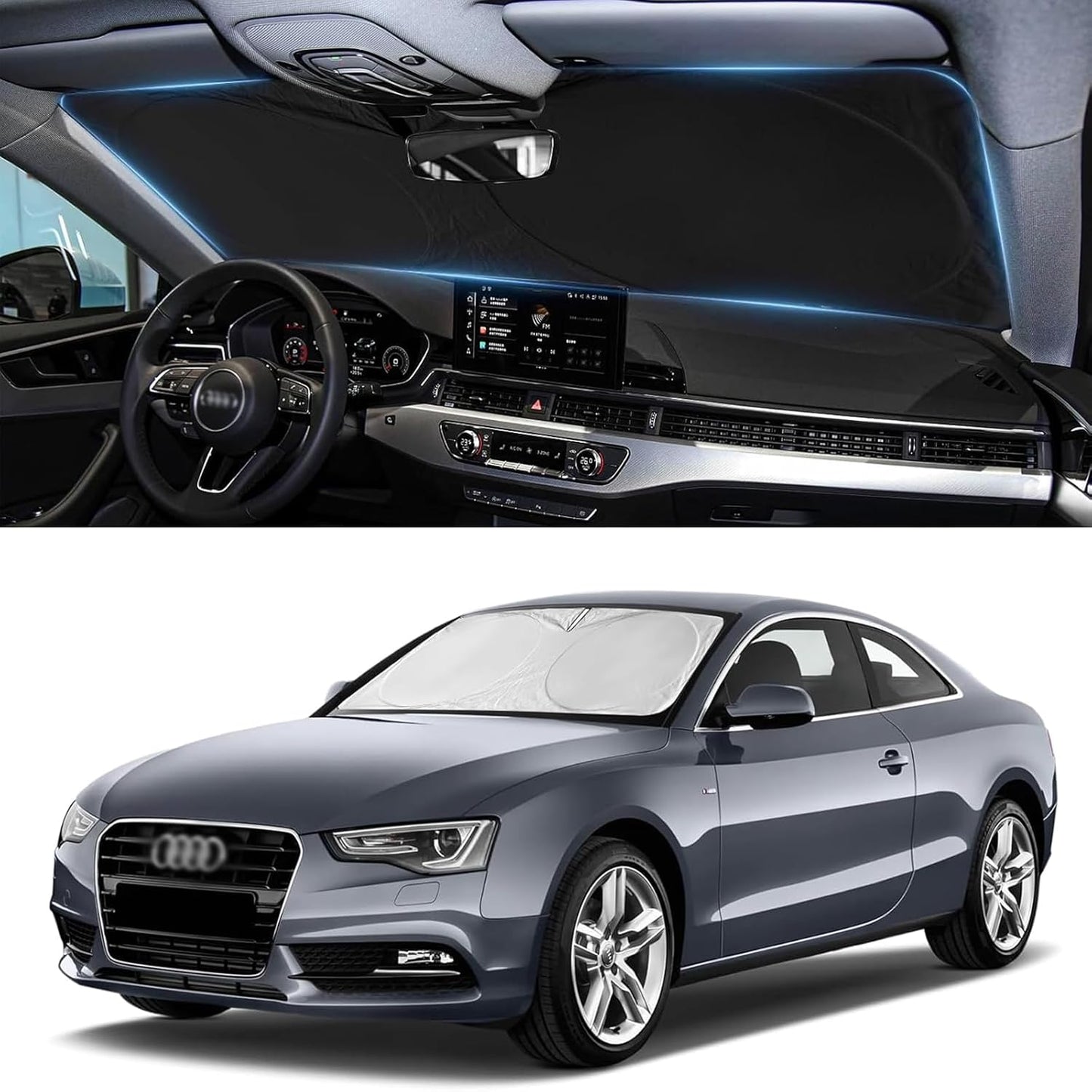 Custom Windshield Sunshade for Audi A4 A5 & S5 RS5 2018-2022 2023 2024 2025 Front Window Shades Cover for Windshield Sun Visor Screen Protector 210T Reflective Blocks UV Rays Cool Car Accessories