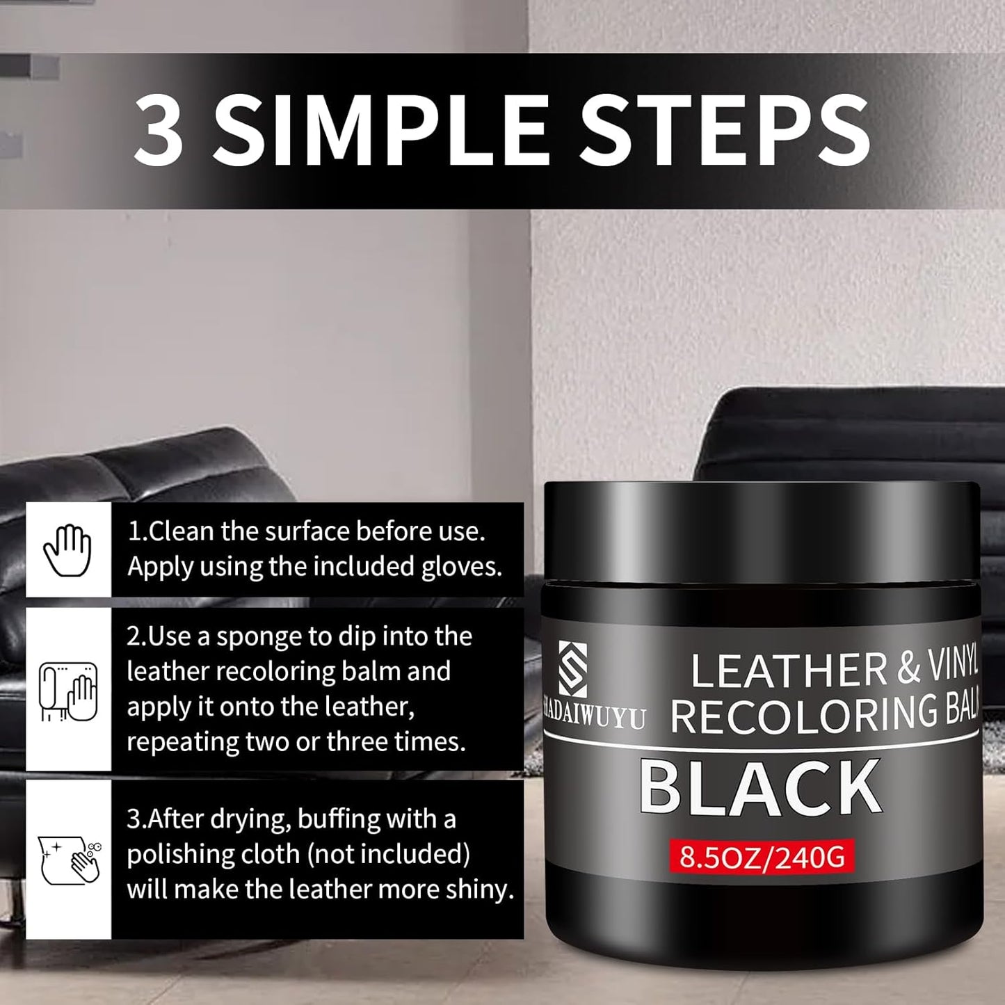 Leather Recoloring Balm,8.5oz Leather Color Restorer,Black Leather Repair kit for Furniture and Car Interior,Leather Couch Scratch Repair,Leather Dye Paint for Faded,Cracked and Damaged Leather