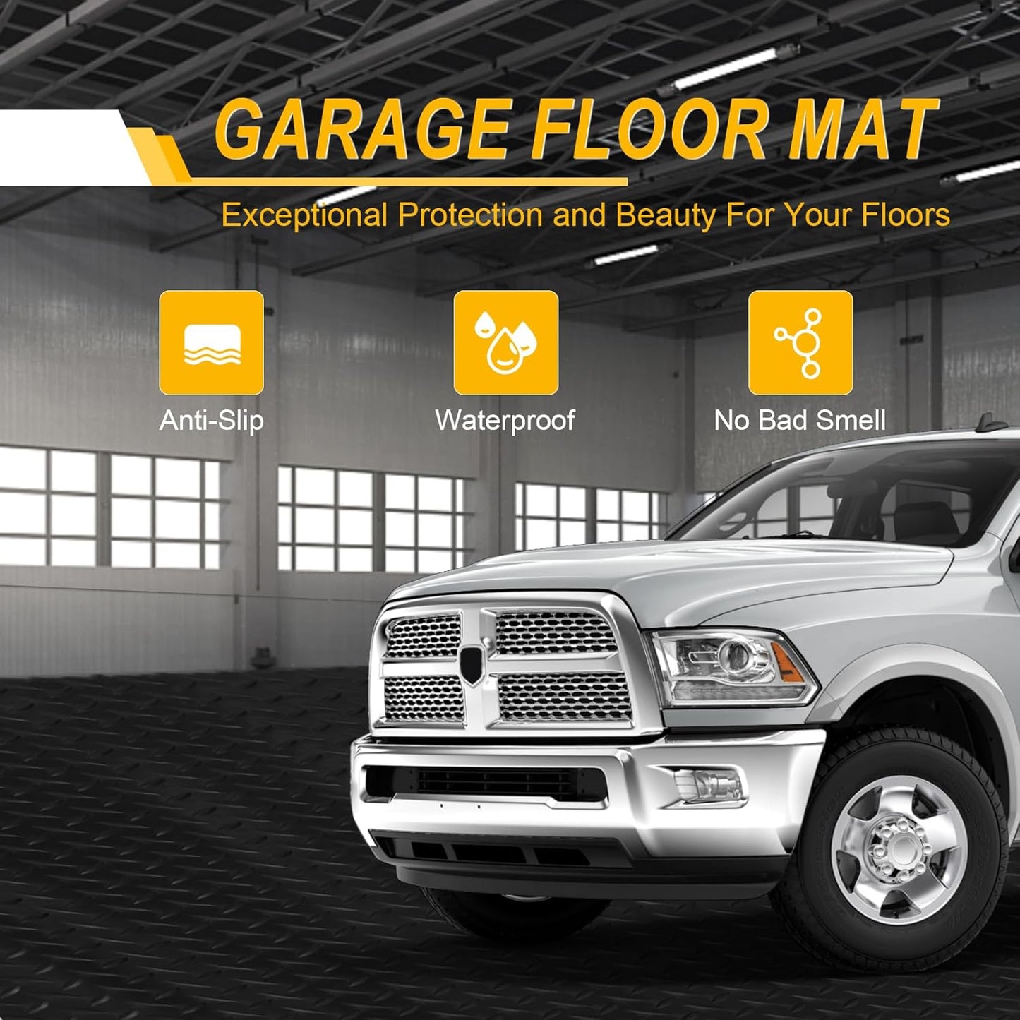 7.5x18 FT Garage Floor Mat, Flooring Roll with 20Pcs Tapes, 135 sqft Diamond Plate PVC Rubber Trailer Mat, Non-Slip Floor Mat for Garage, Warehouse, Gyms, Trailer, Pickup Truck (Black)