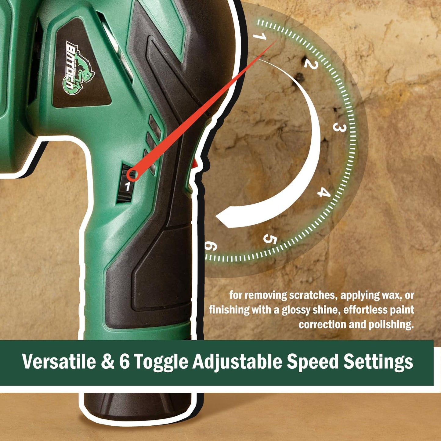 BATOCA - Cordless Car Buffer Polisher - 1pcs 2.0Ah 12V Lithium-ion Rechargeable Battery Powered Brushless Polisher with 6 Variable Speed, DA Orbital Buffer for Car Detailing, Polishing, Waxing