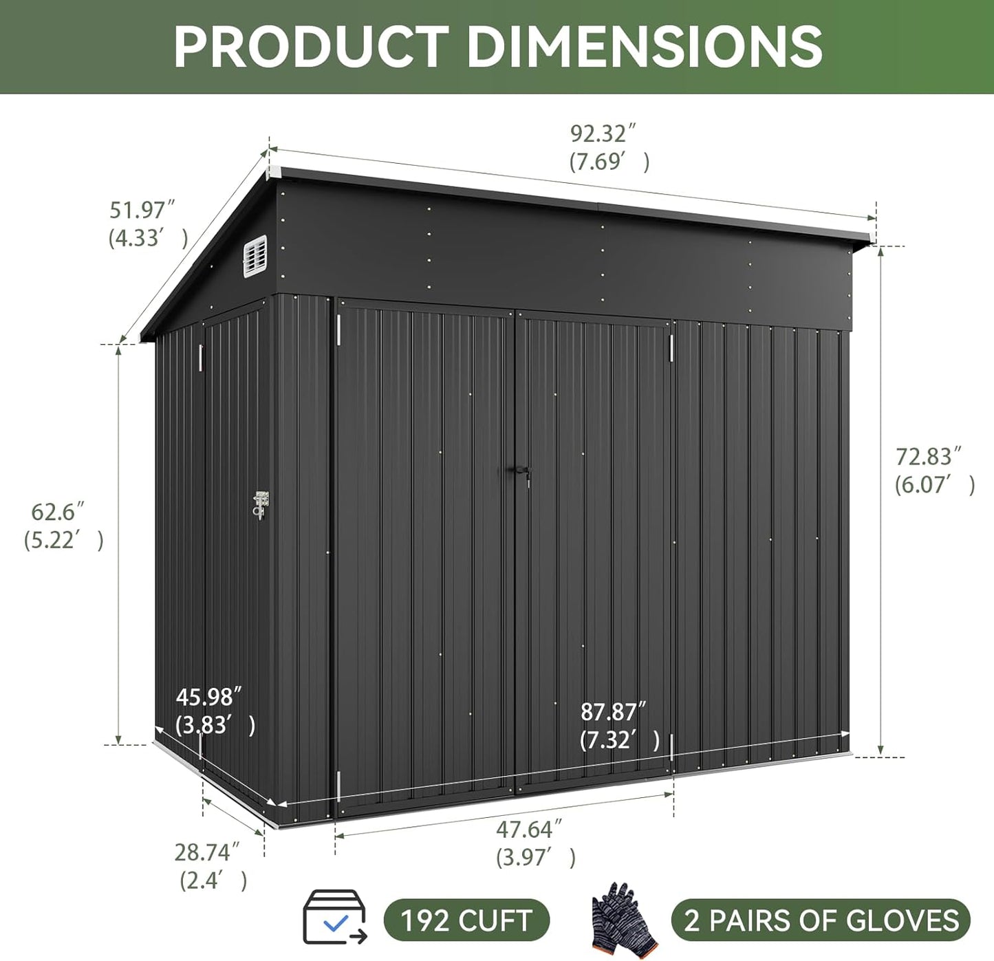 Aoxun 7' x 4' Shed 140 CU.FT Outdoor Waterproof Storage Shed with Triple Lockable Door Garden Metal Tool Shed for Outside