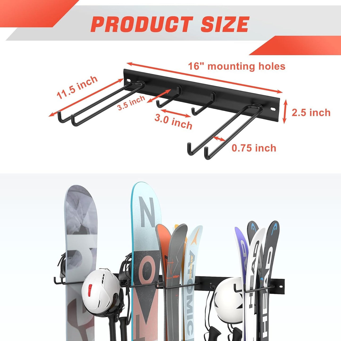 WALMANN Garage Ski Rack, Indoor Ski Hangers for Garage Ski Storage Wall Mounted Ski Holder Holds Up to 8 Pairs of Skis