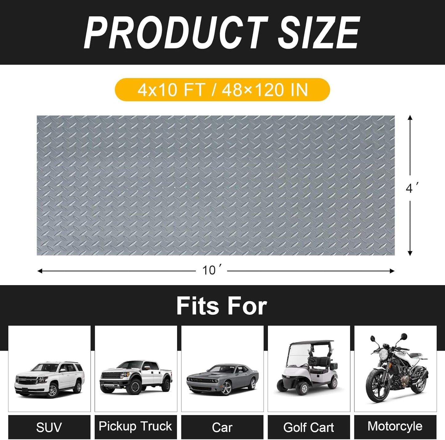 4x10FT Garage Floor Mat, 2.8mm Thickened Flooring Roll for Under Car, Golf Cart Parking Mat, Diamond Plate PVC Rubber Motorcycle Mat, Non-Slip Floor Protector for Garage Warehouse Trailer, Grey