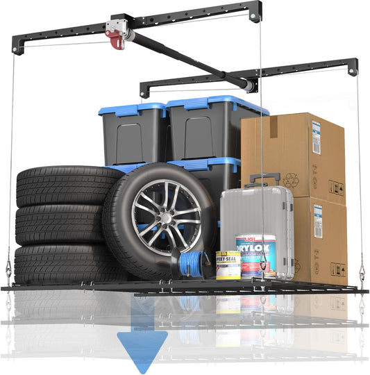 Overhead Garage Storage Rack, Heavy-duty 4x4 Ft Ceiling Storage Racks with Safety Lock, Ideal for Garage Storage Mounted Lift System and Storage Organizer, 250lbs Capacity