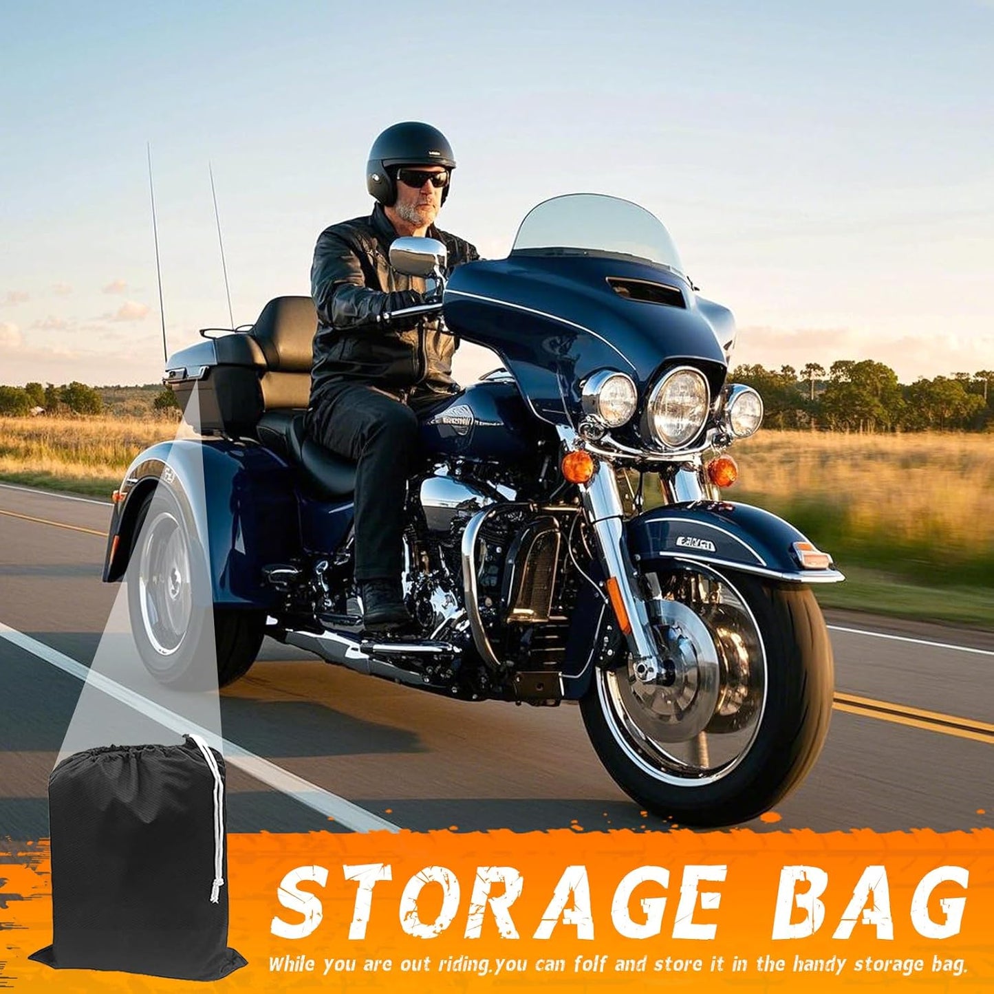 Trike Motorcycle Cover, Outdoor Waterproof Vehicle Cover with Windproof Buckle Reflective Strip for Harley Davidson, Honda Gold Wing, Kawasaki 3 Wheel Motorcycle Accessories (Black&Grey)