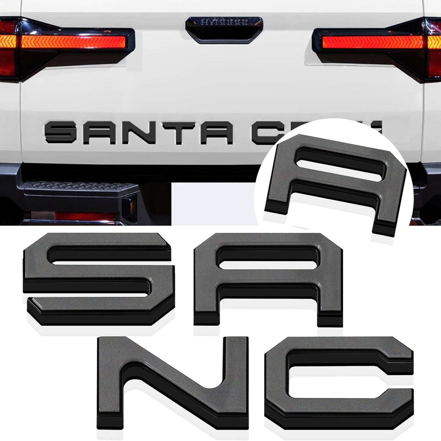 Tailgate Insert Letters Compatible for 2022 2023 2024 2025 Santa Cruz 4D Raised Tailgate Decal Letters (Double Layer Black Edge Gray Faced)