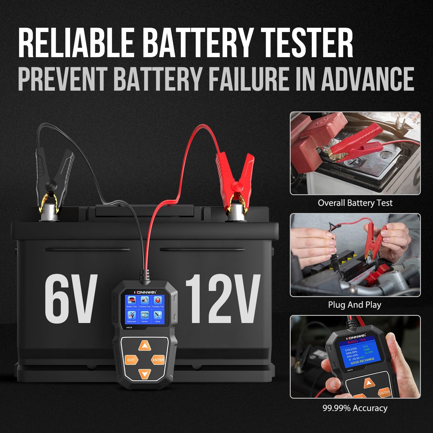 KONNWEI KW218 6V 12V Car Battery Tester 100-2000 CCA Automotive Battery Load Tester Alternator Tester Digital Auto Battery Analyzer Charging Cranking System Tester for Car Truck Marine Motorcycle Boat